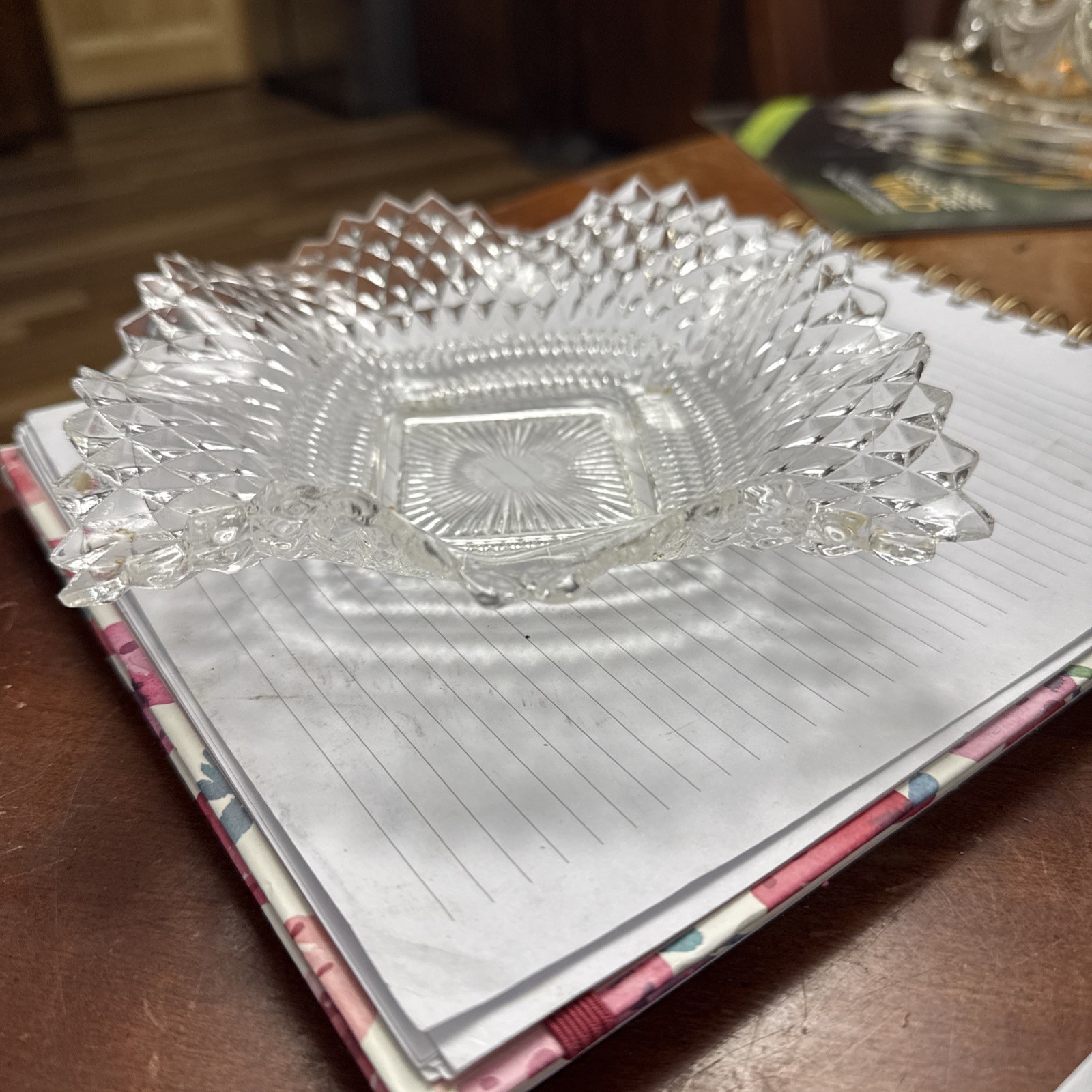 Vintage Clear Indiana Glass Co Square Ruffled Diamond Point Candy Nut Dish Bowl