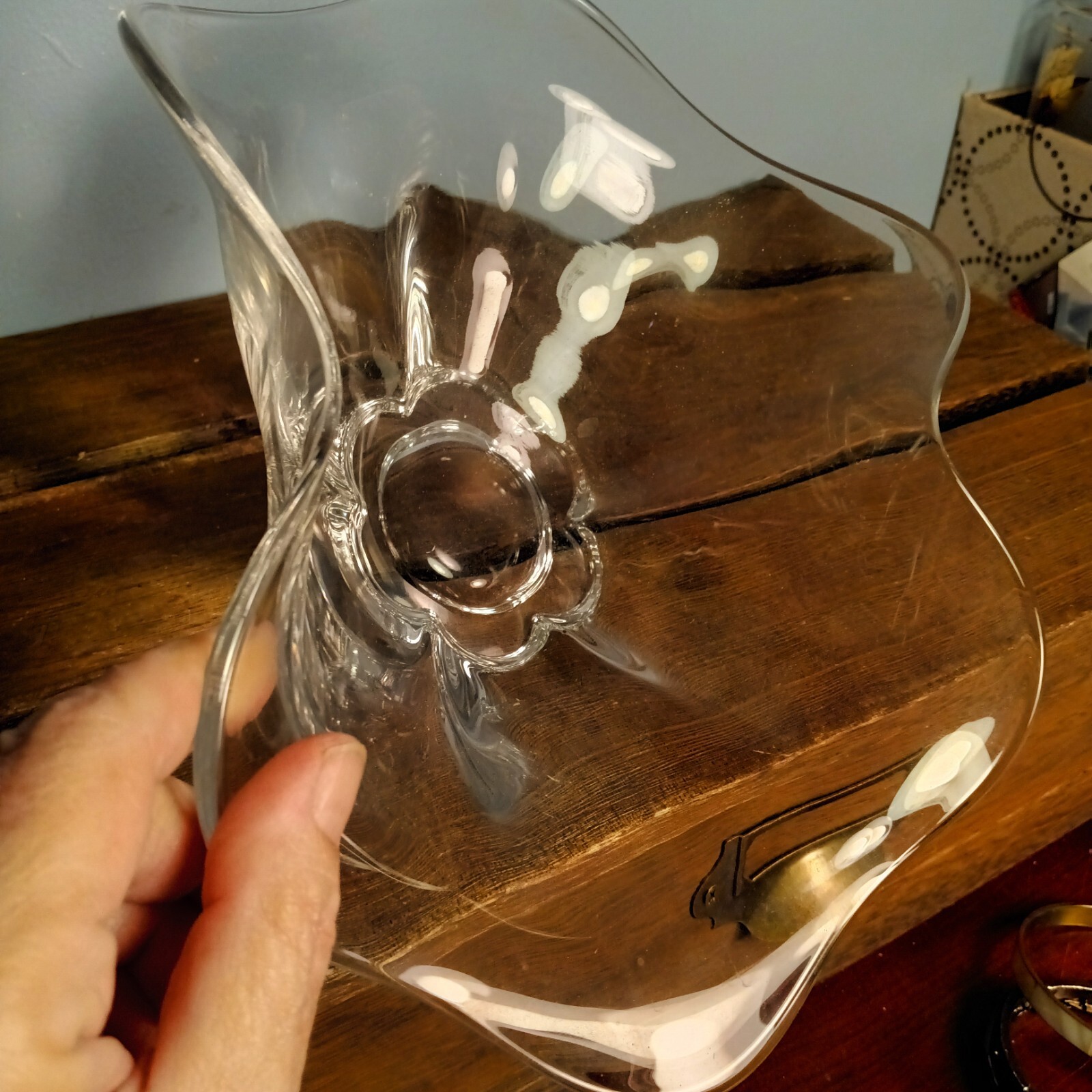 Vintage Clear Glass Flower Shaped Bowl, Pinched Sides, Art Bowl, Ruffled