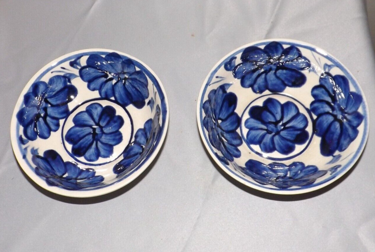 Flow Blue Bowls 5 1/2 Inches Diameter Hand Painted Floral Abstract