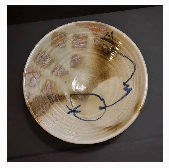 Handmade Studio Crafted Ceramic Bowl Blue Beige Abstract Round 9 in diameter