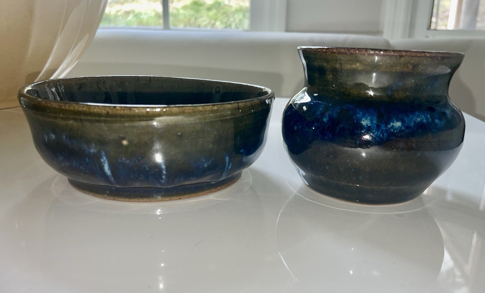 2 Pc Signed Studio Pottery Planter / Saucer Moody Blue Drip Ceramic Hand Thrown