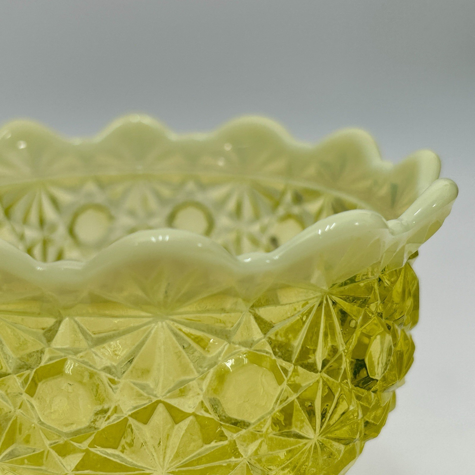 L.G. Wright Fenton Daisy Button Yellow Vaseline Uranium Opalescent Compote VTG