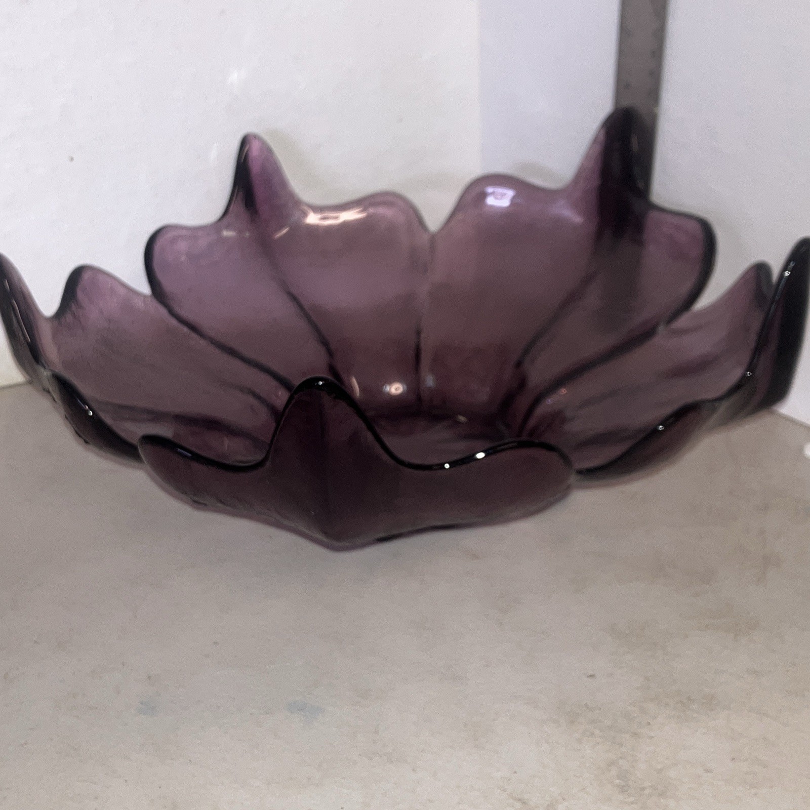 Purple Amethyst Art Glass Ruffled Flower Floral Decorative Bowl, Glossy