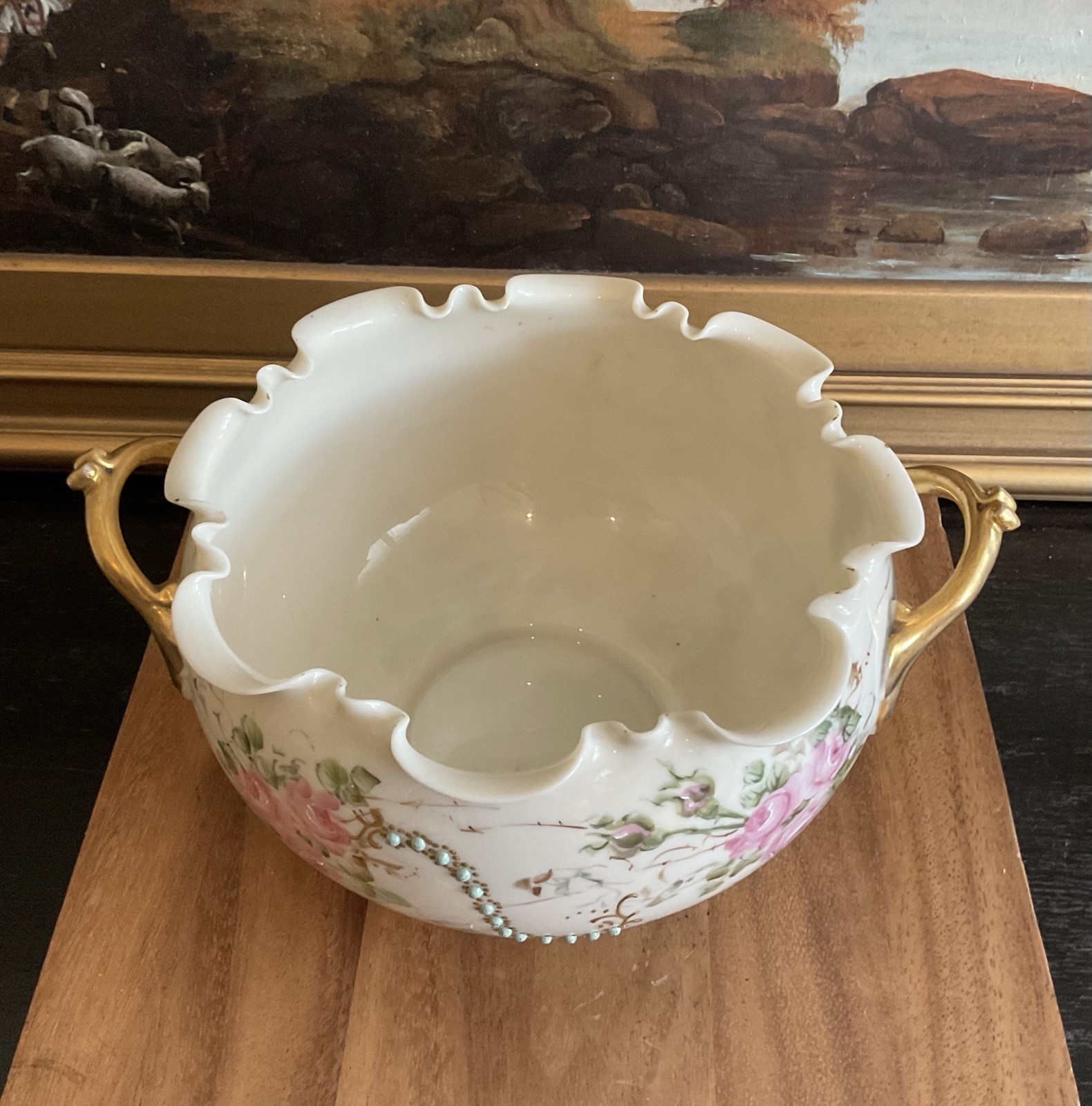 WILLETS BELLEEK Hand Painted Roses HANDLED BOWL Ruffle Rim Antique Late 19th CE