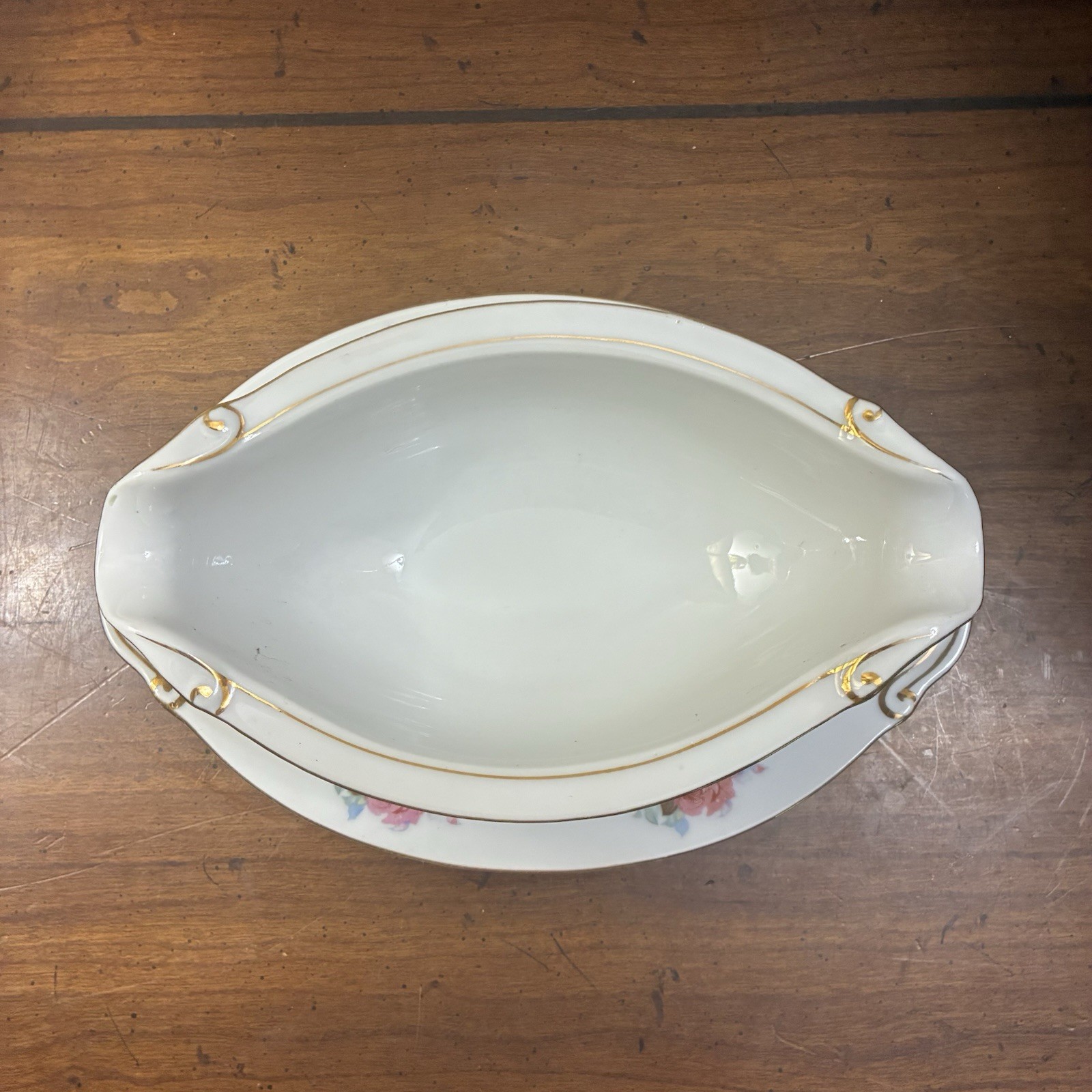 Vintage Fine China Corona Gravy Dish W Saucer Pink Roses Made In Occupied Japan