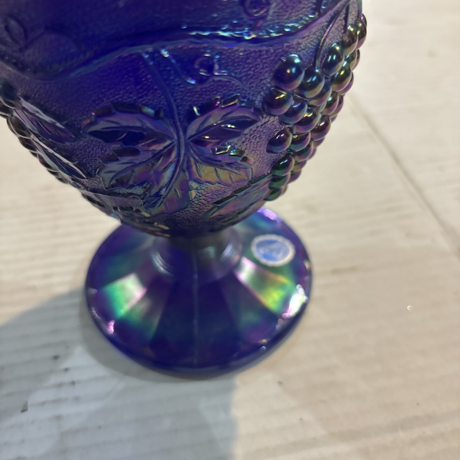 Imperial Blue Carnival Glass Harvest Grape Candy Dish Lid Compote With Sticker