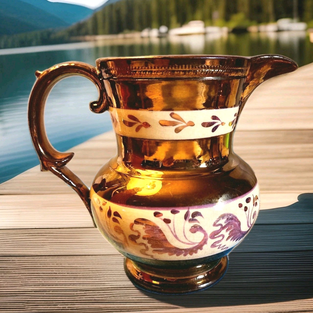 2 English Copper Lusterware Pitchers Staffordshire Pottery 1850-1899 England