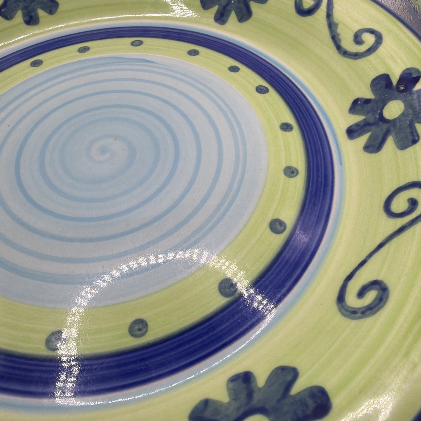 Mulberry Stoneware Dinner Plate Green Blue White Swirls Dots Floral