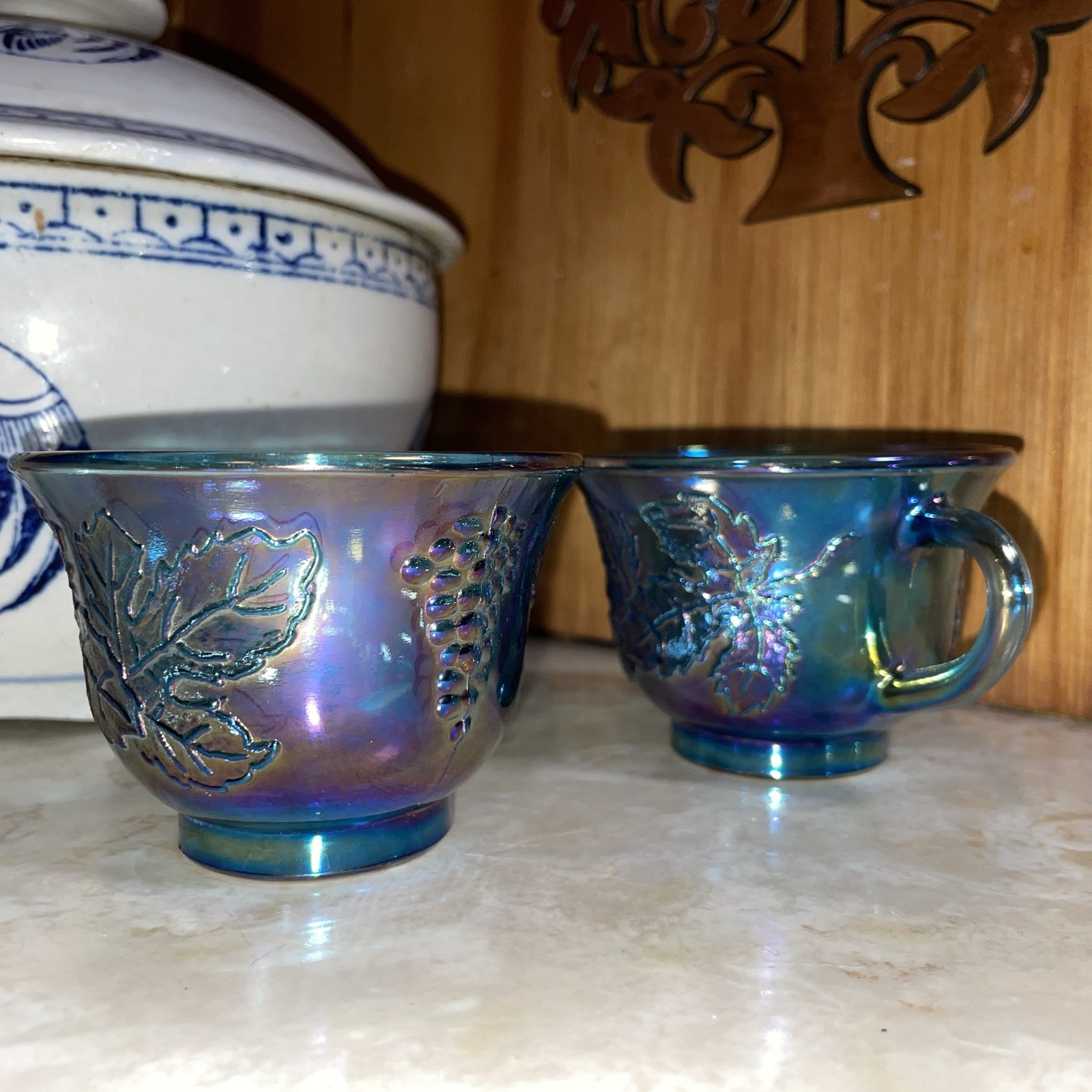 2 – Vintage Iridescent Blue Indiana Carnival Glass Grape Harvest Punch Cups