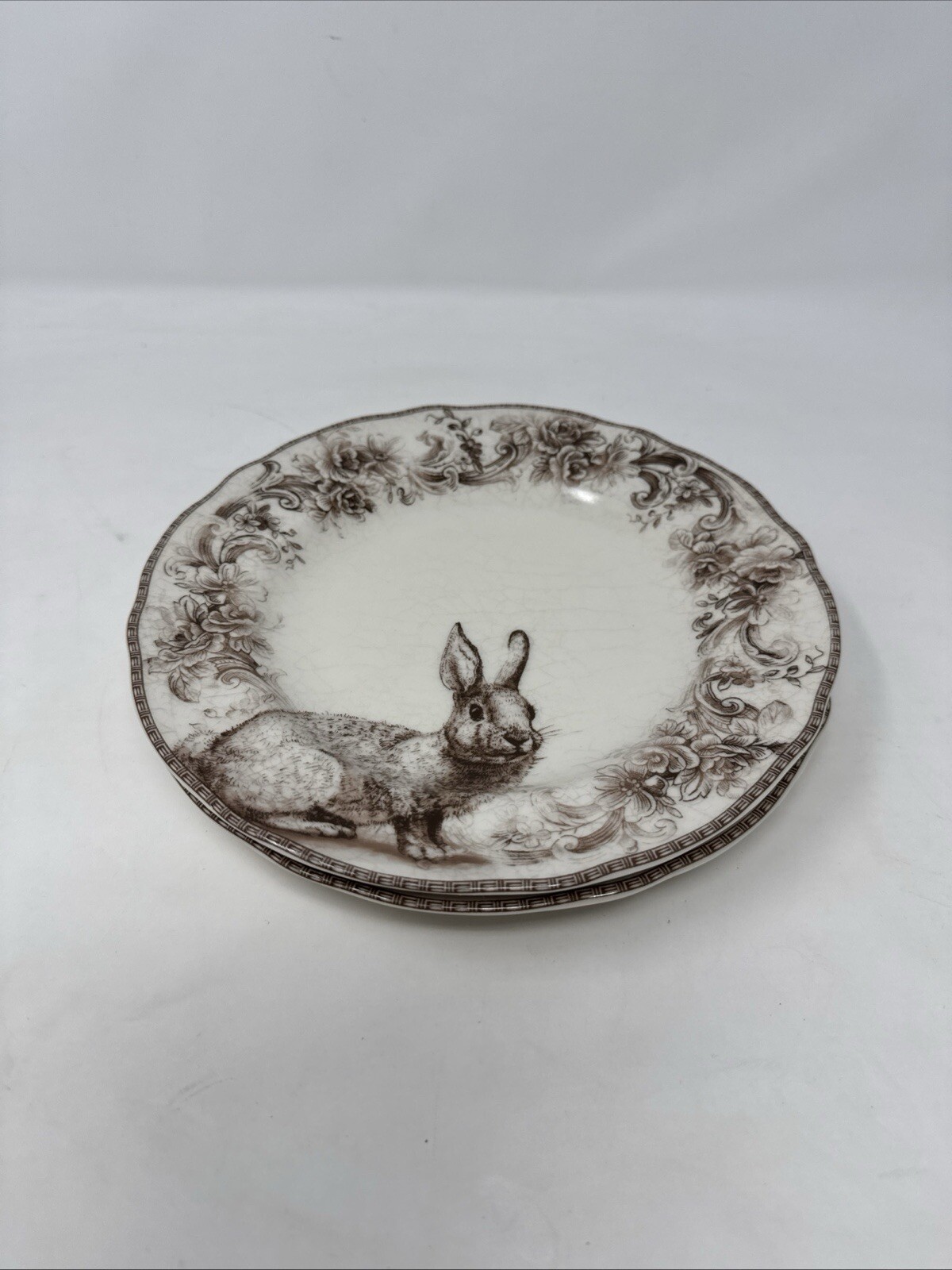 2 222 Fifth Bunny Arabella Brown & White Porcelain Salad Plates 8.5” Easter