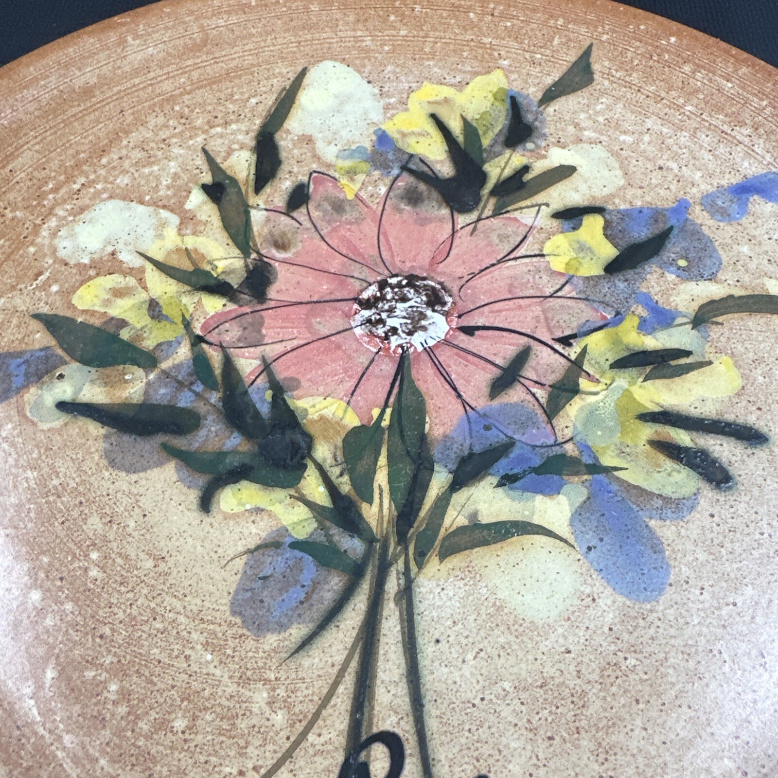 Hand Painted Pottery Plate Pink Flower/Floral Terra Cotta, Signed Home Decor MCM