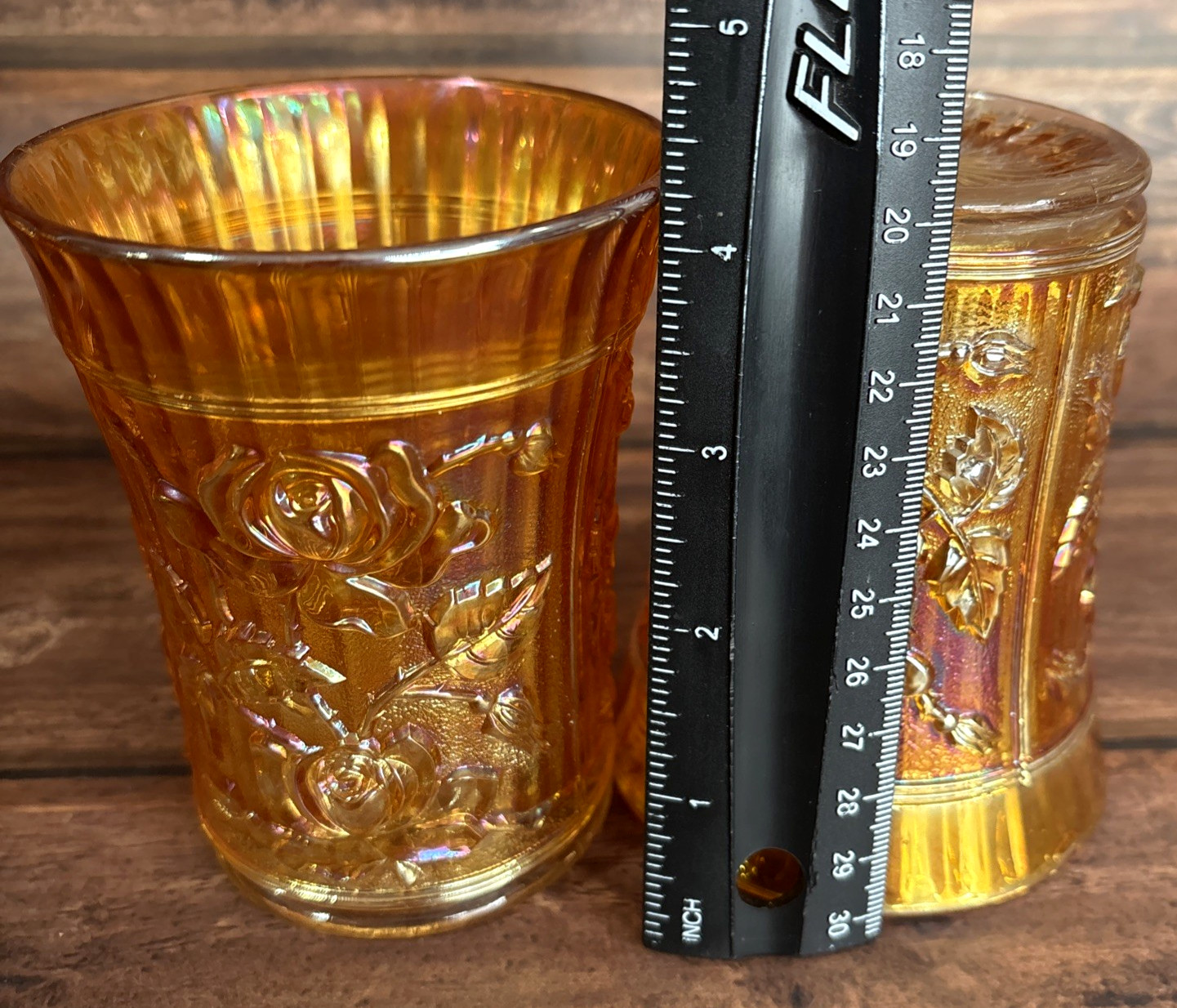 Vintage Imperial Marigold Carnival Glass Water Pitcher With Set of Four Glasses