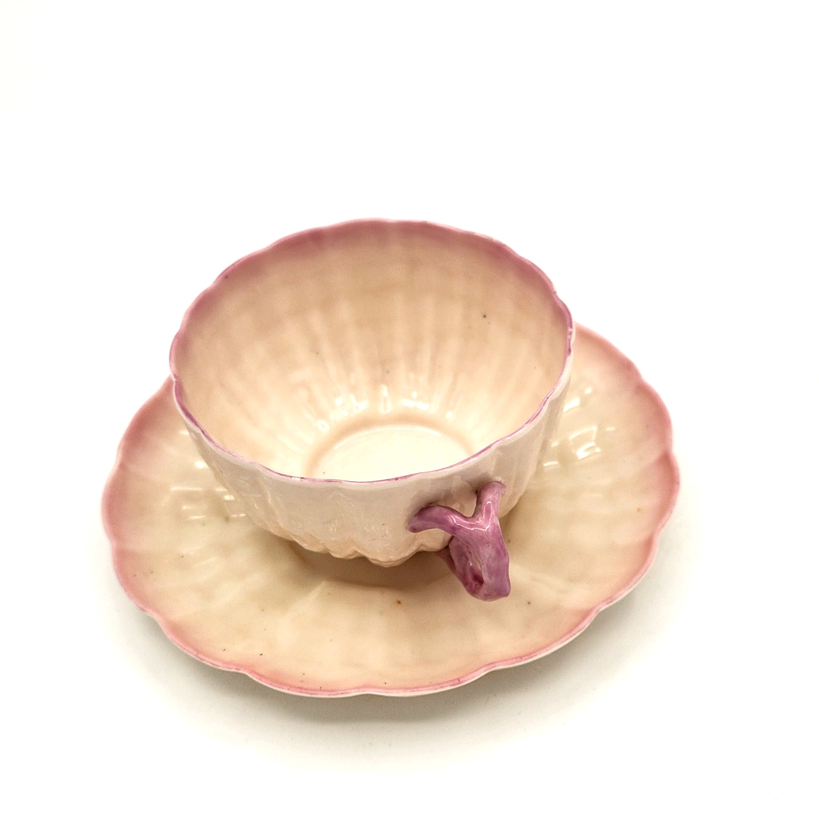 Rare Antique Belleek Tridacna Pink Cup & Saucer 1st Black Mark Shell EUC C.1880