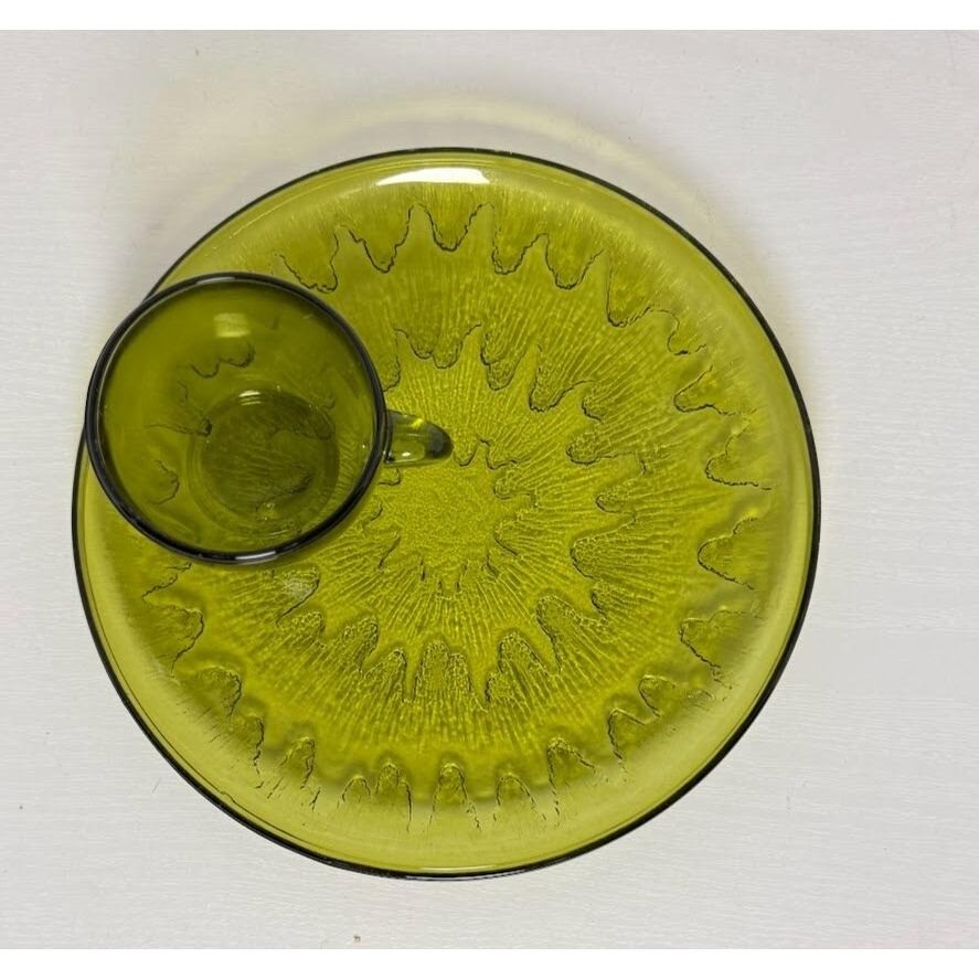 One Set of Vintage Indiana Glass Green Sunburst Snack Set Cup and Plate