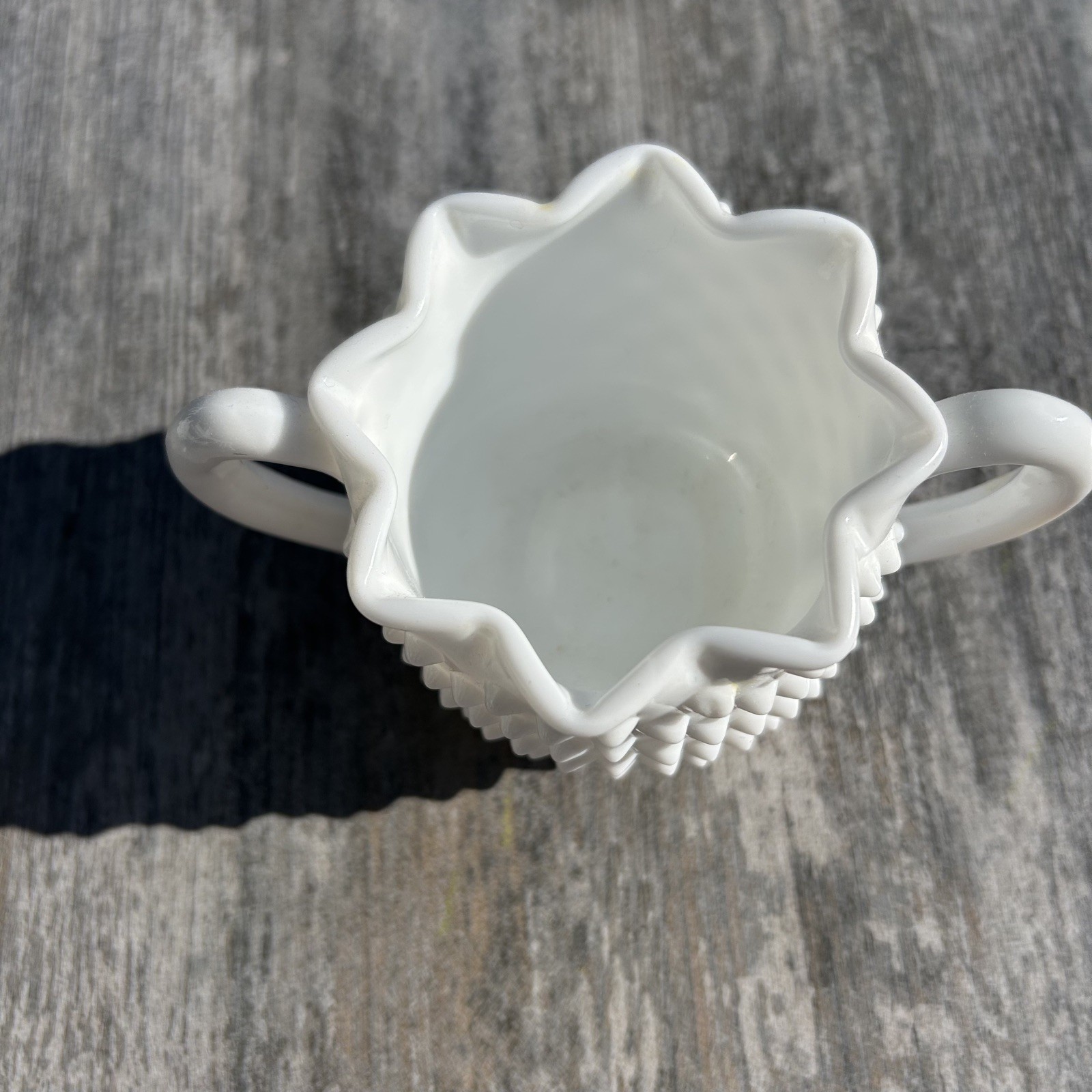Vintage Fenton Hobnail Milk Glass Sugar Bowl Star Shape Open Double Handle 3906