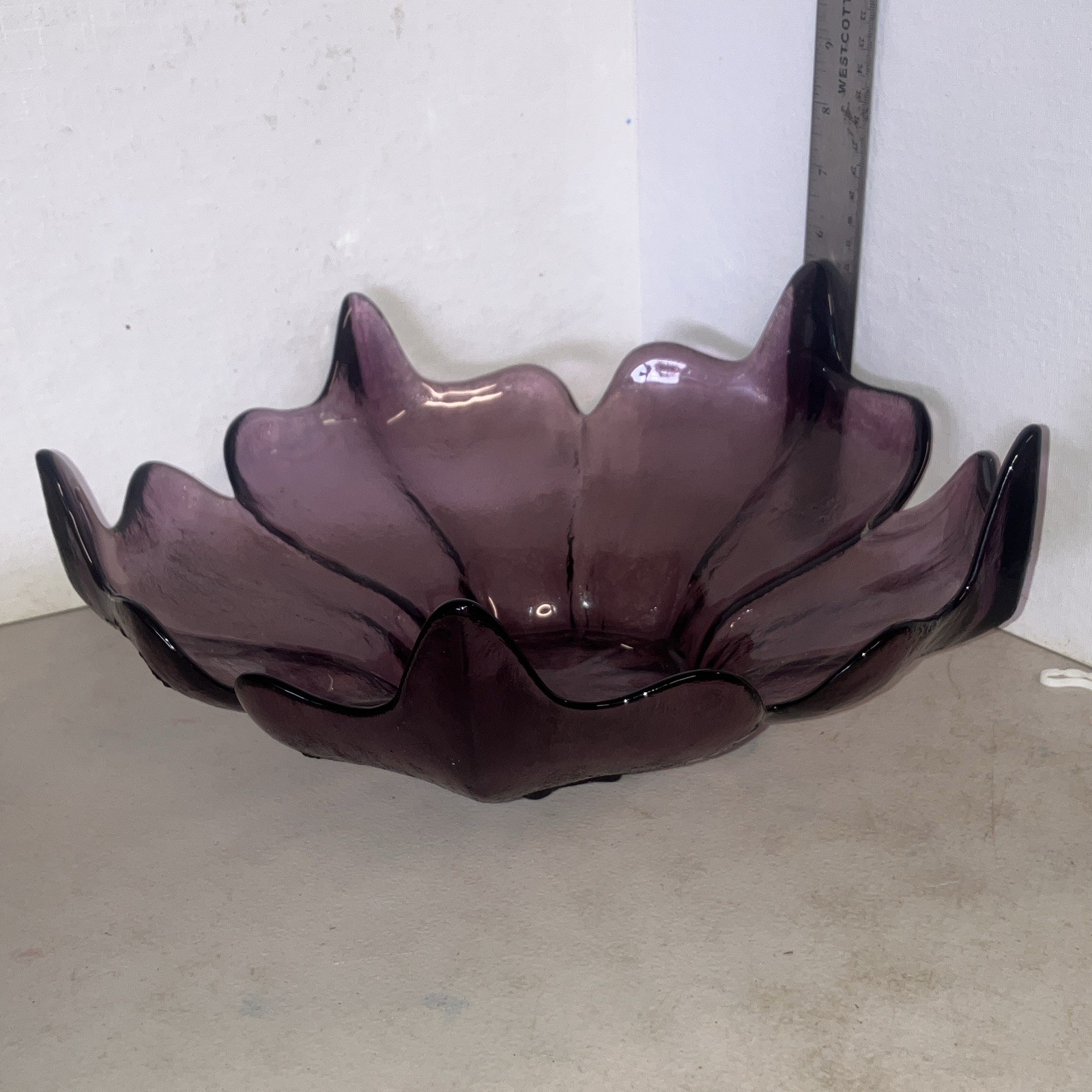 Purple Amethyst Art Glass Ruffled Flower Floral Decorative Bowl, Glossy