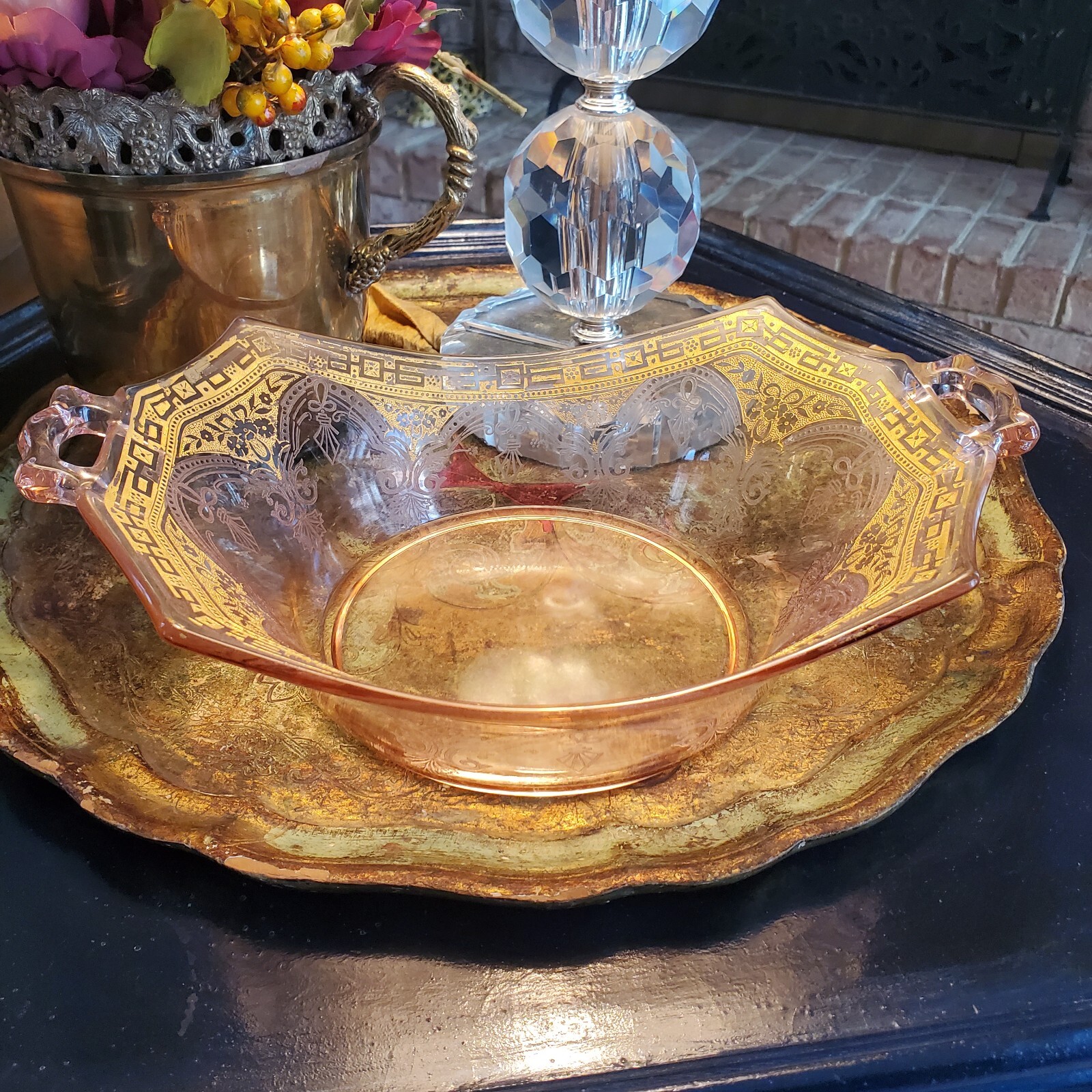Elegant Pink Depression or Elegant Glass Hexagon Handled Etched Gilded Bowl