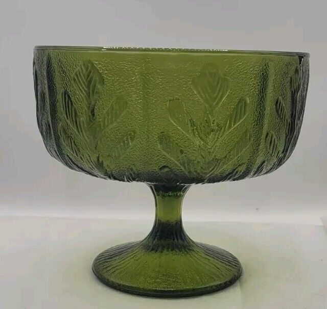 Vintage FTD Avacado Green Glass Footed Dish Oak Leaf Pattern