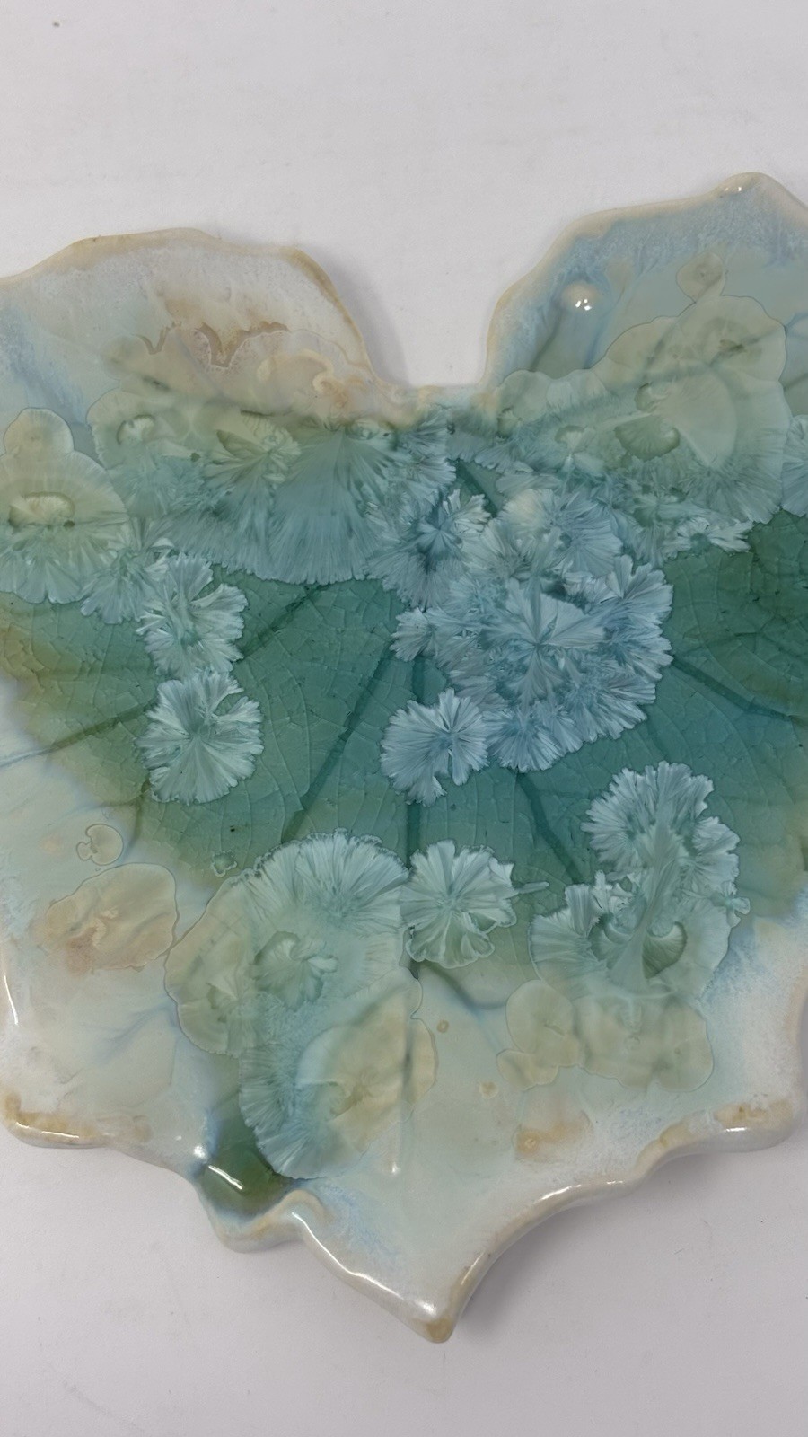 Handmade Crystalline Glaze Art Pottery Leaf Trinket & Mini Bowl Signed Malia