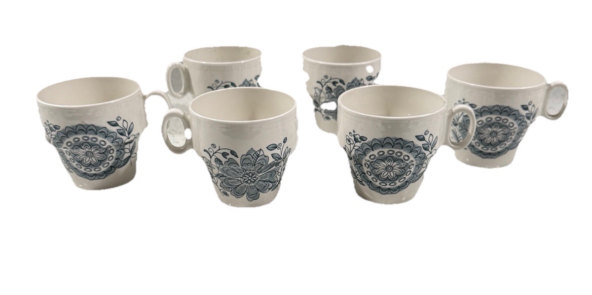 Parker Brothers Ltd Offbeat Blue White Royal Tudor Tea Cups Stackable Set Of 6