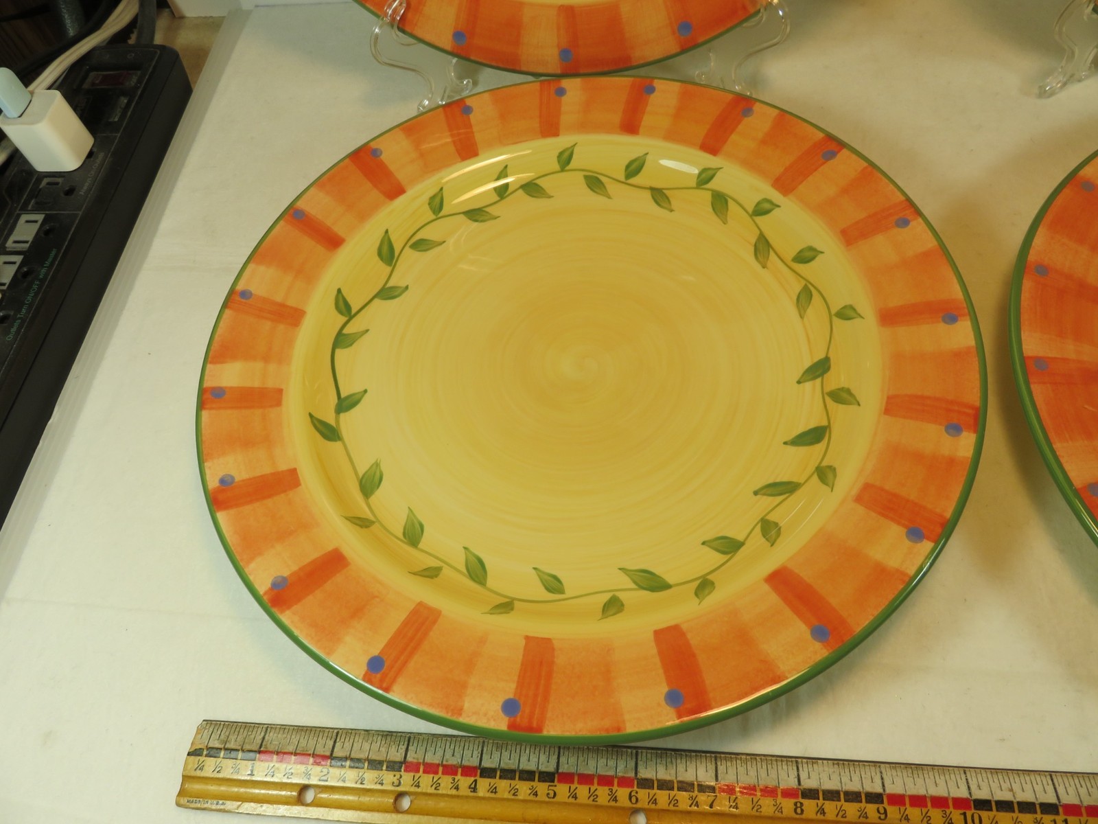 4 Pfaltzgraff Napoli Dinner Plates 11 3/4 inches Orange Border Yellow Center EUC