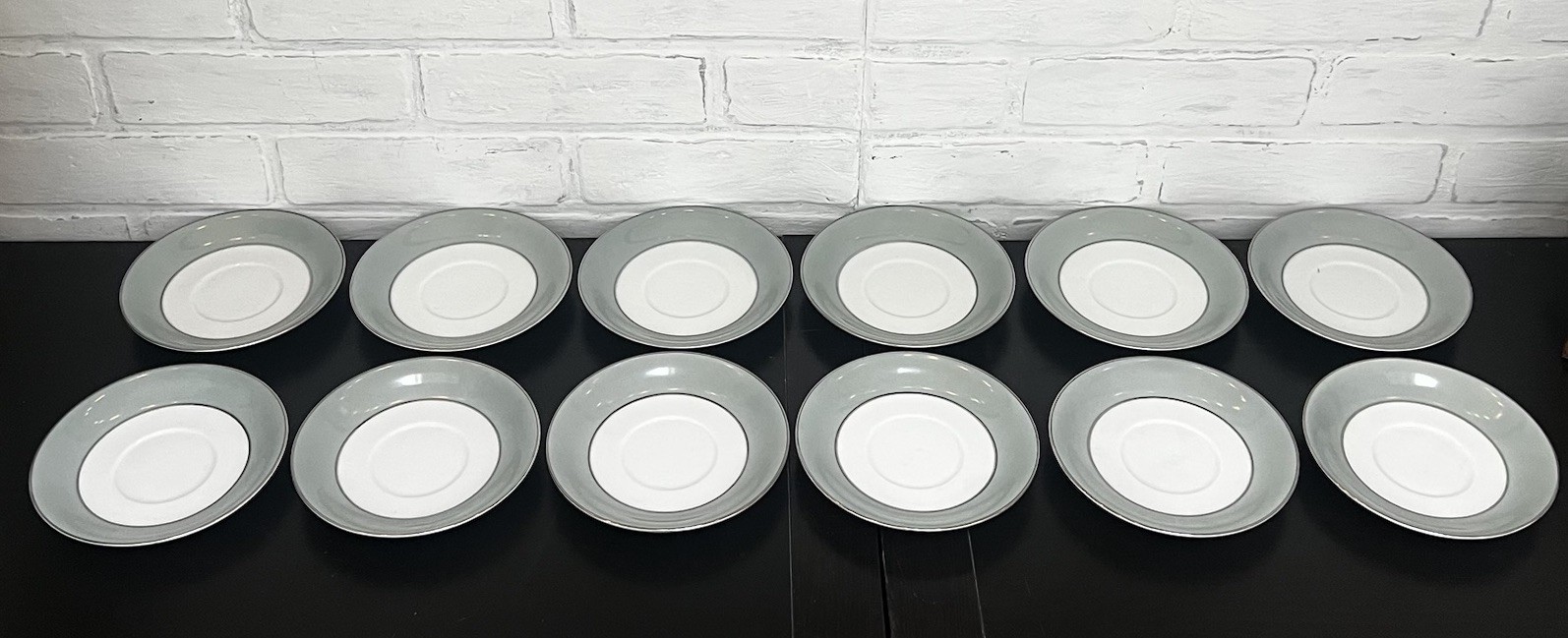 Vintage Sango Japan Sheffield Plates and Saucers Celadon Silver Rim- 22 Pc Lot