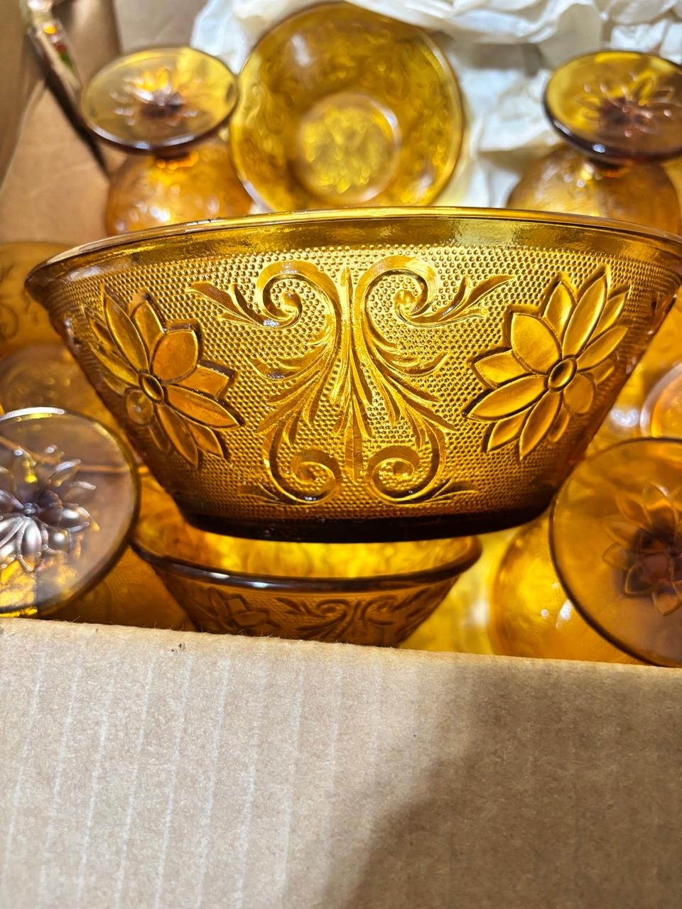 Tiara Exclusives Amber Indiana Glass Sandwich Pattern Serving Set