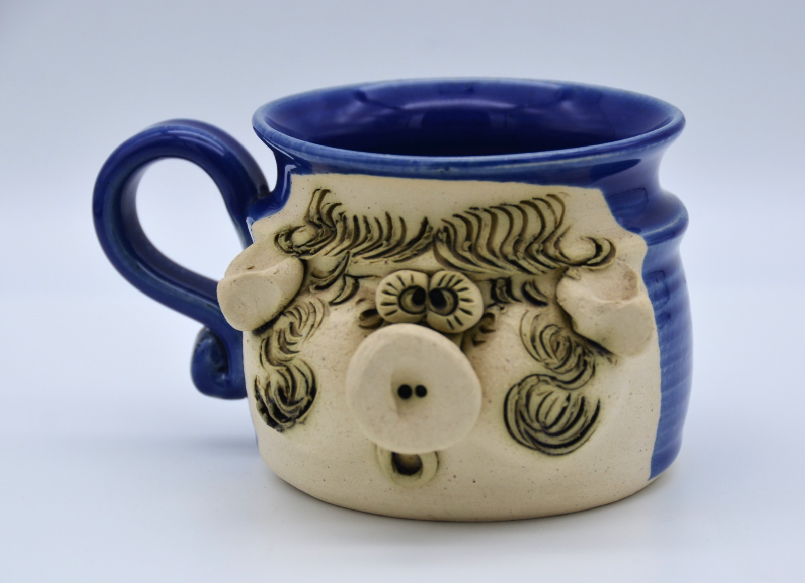 Vintage T. Bradford Signed Pig Face Stoneware Mug Blue Folk Art Pottery Handmade