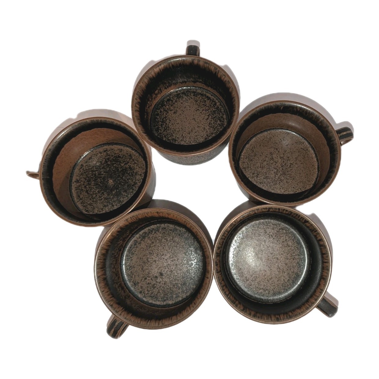 x5 Vtg Arabia Finland RUSKA Cups Brown Flat Drum Mugs Stoneware Mug Cup 4×2⅛” A+