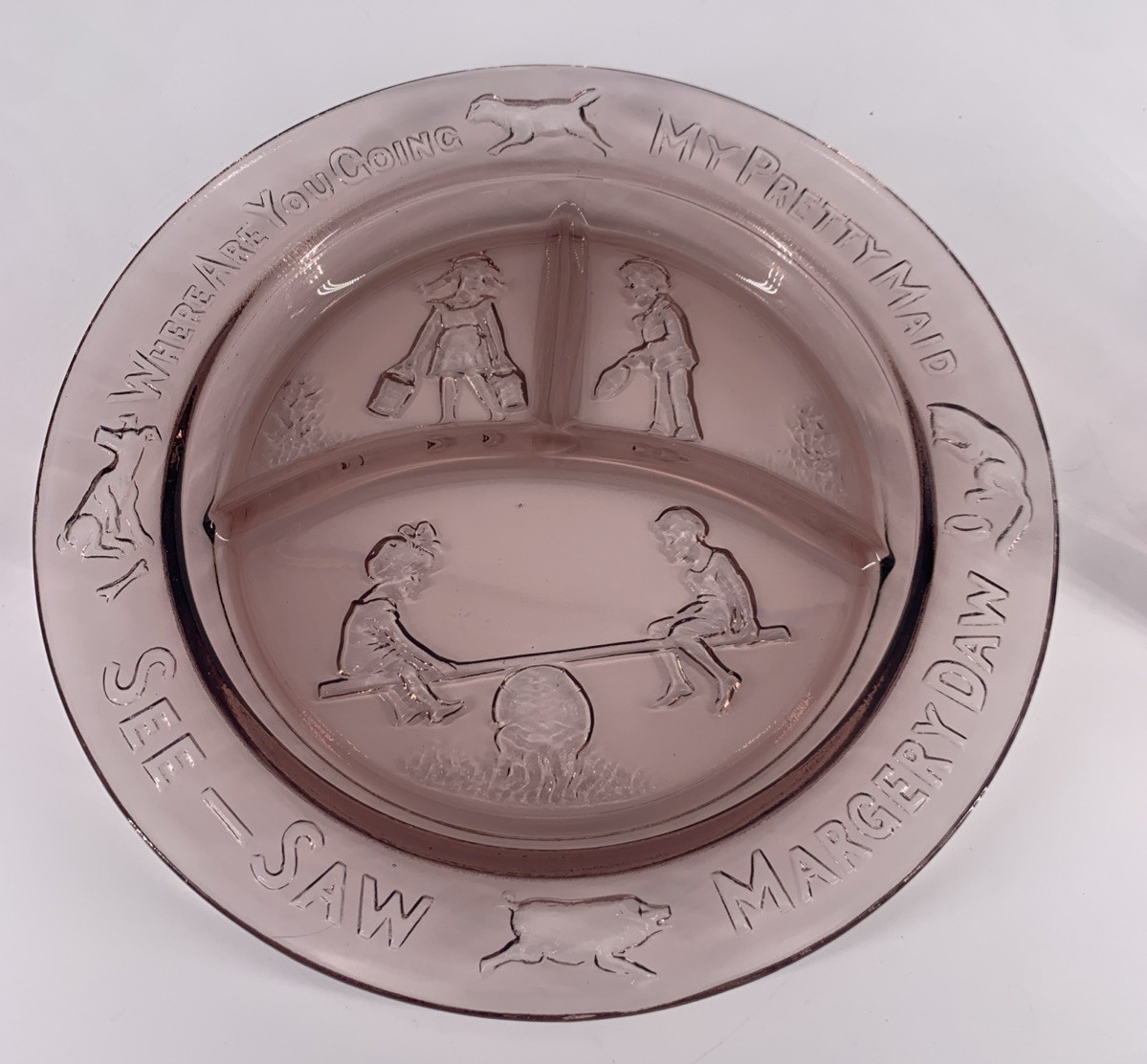 Amethyst Indiana Glass Nursery Rhyme Grill Plate, Bowl and Mug Vintage 3 Pc Set