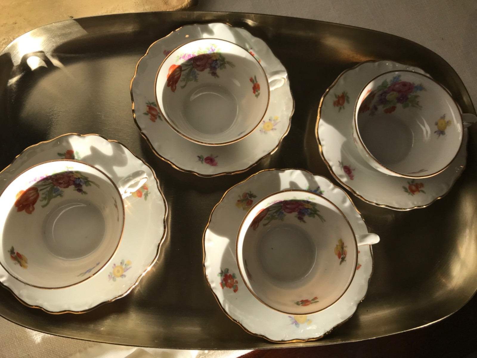 VTG Mitterteich Bavaria Meissen Floral Teacup & Saucer, Set of 4, Gold trim EUC