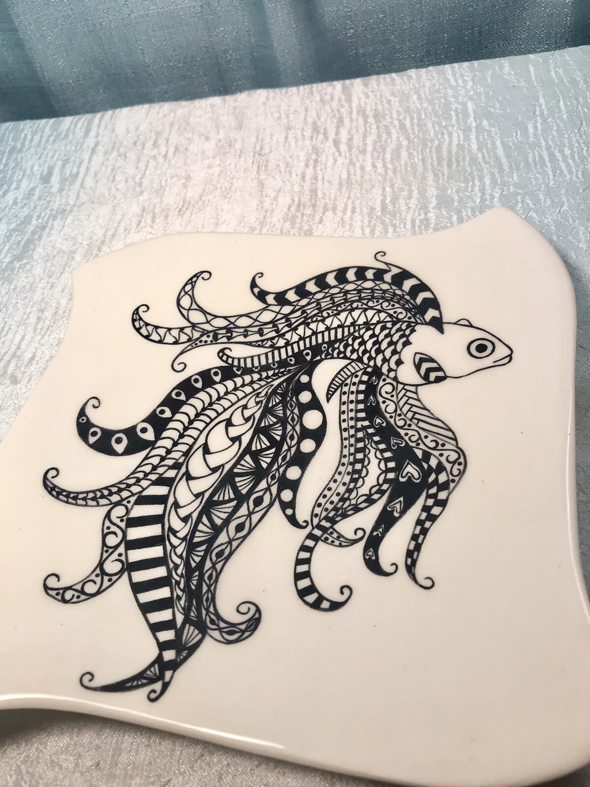 Hand Made Ceramic Plate w Beta Fish Fancy Serving Dish Asymmetrical Square 8”