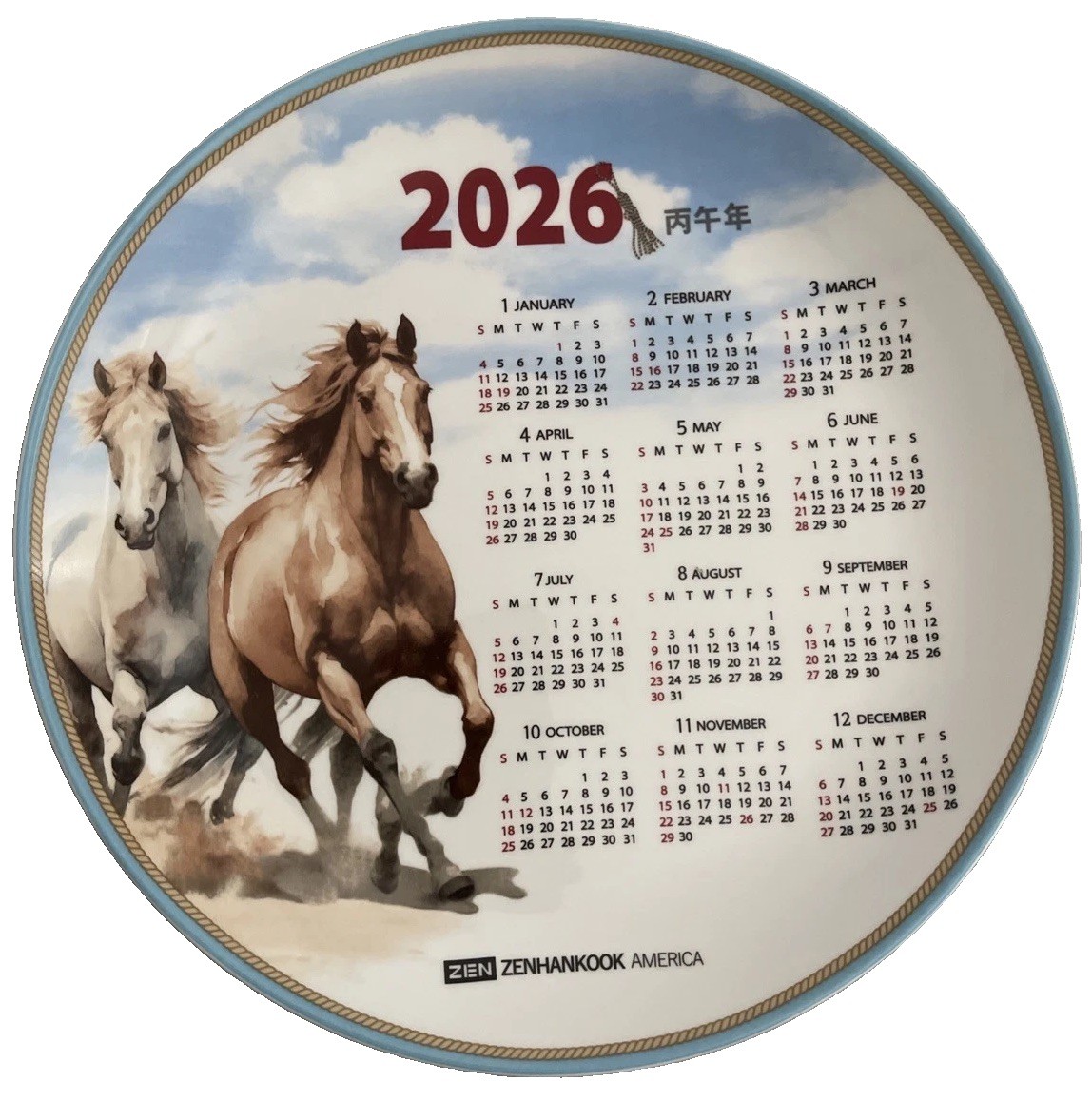 2026 Zodiac Calendar Ceramic Plate with two wild bright horses by Zen Hankook