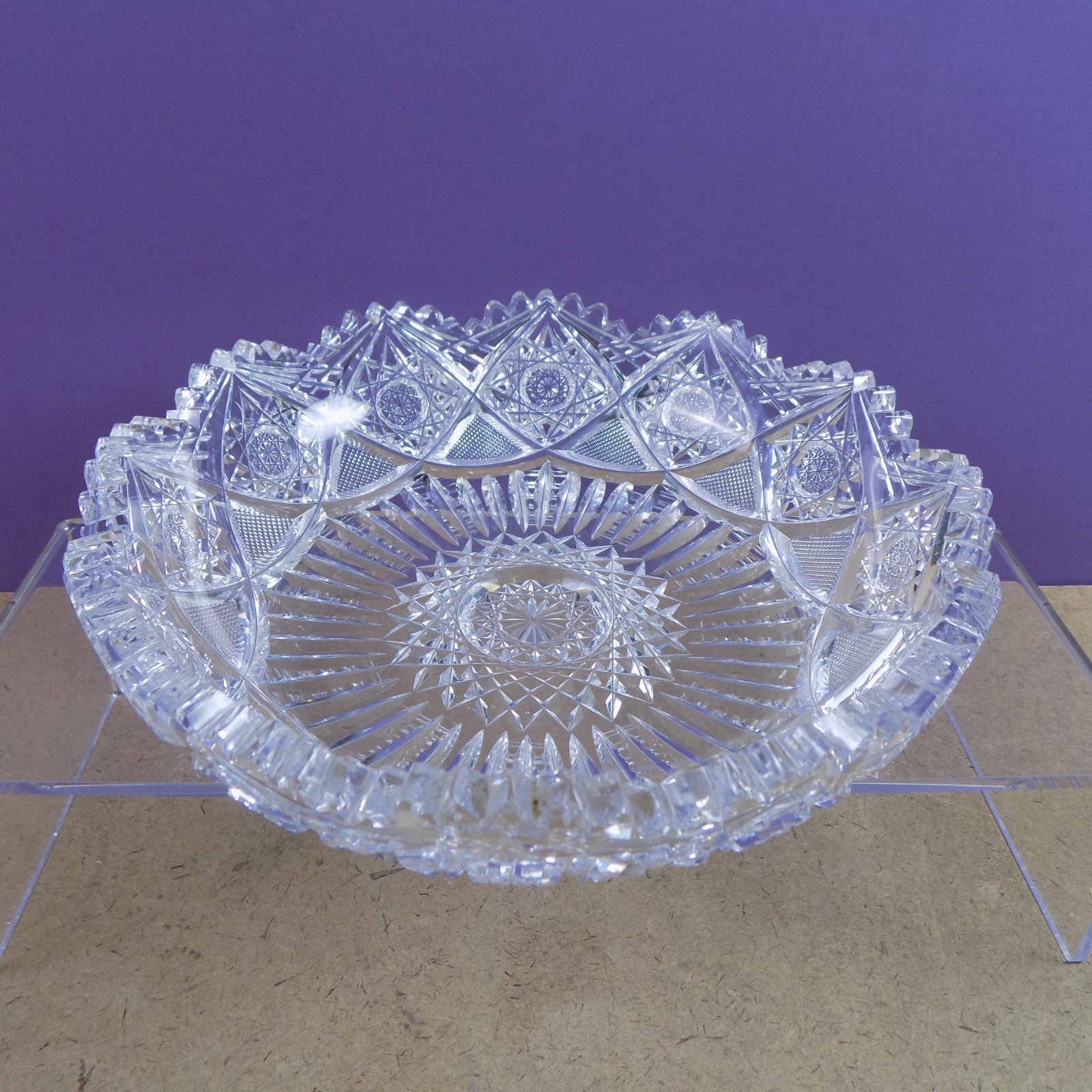 Antique American Brilliant Cut Glass Low Bowl 8″x2″ VGC Hobstar Sunburst