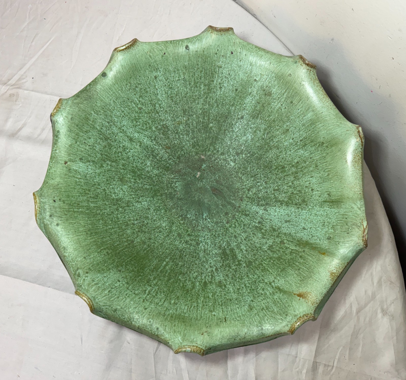LARGE antique handmade North Carolina US green glaze centerpiece pottery bowl