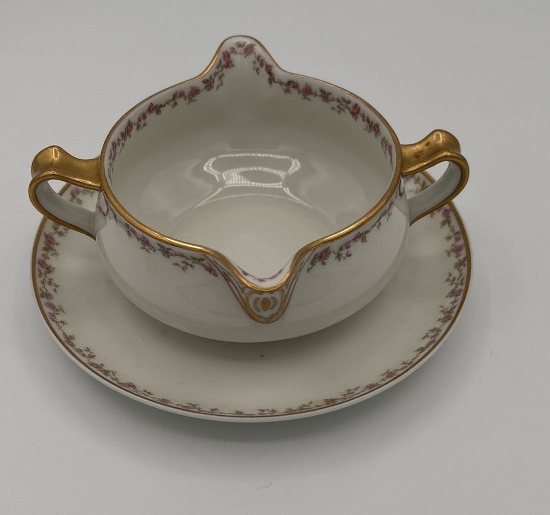 Haviland Limoges Gold Rim Double Spout Sauce Dish White & Gold With Underplate