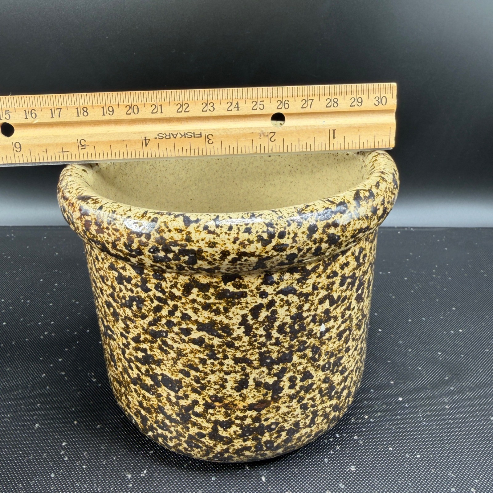 Moira Pottery England Ceramic Crock Spatterware Planter Metal Handle Brown Tan