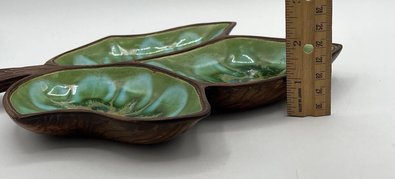 Vtg Treasure Craft Divided Section Leaf Dish Candy Trinket Green Teal Drip Glaze