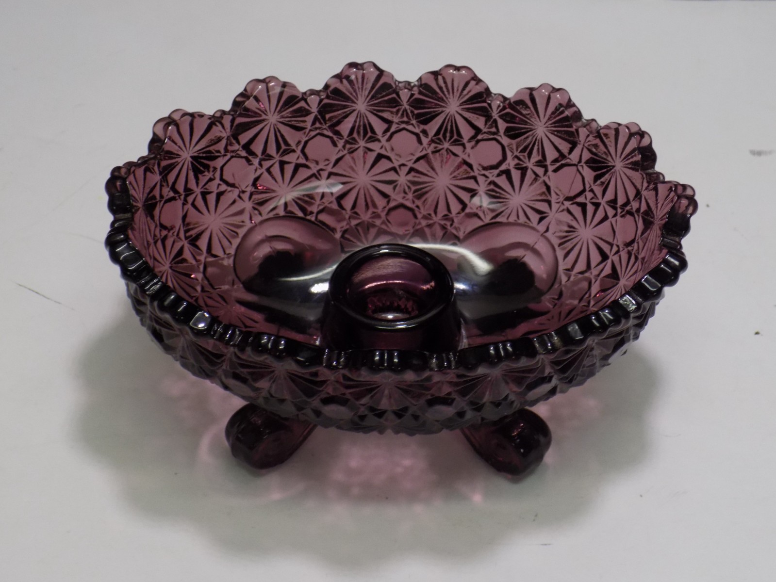 LG Wright Daisy & Button Purple Amethyst Glass 4 Scroll Footed Candle Bowl
