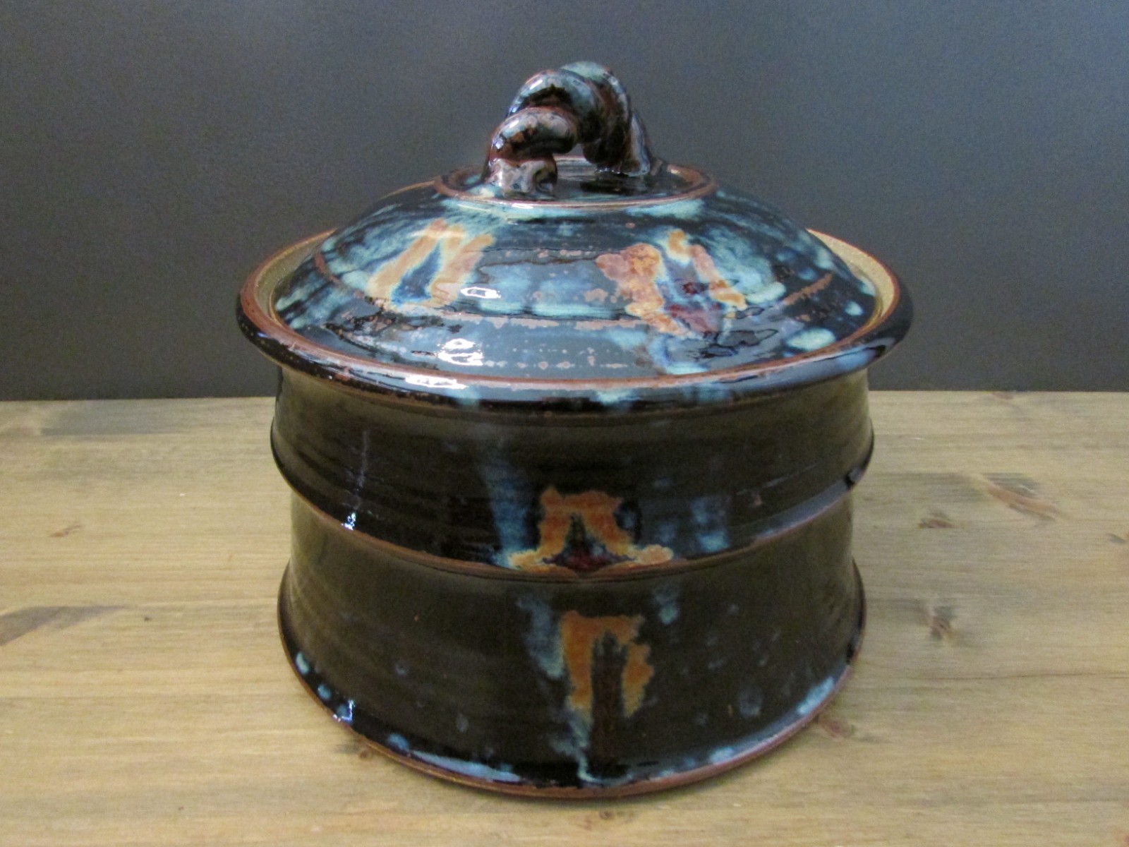 Handmade Studio Pottery Covered Serving Dish Black/Blue/Brown Glaze Stoneware