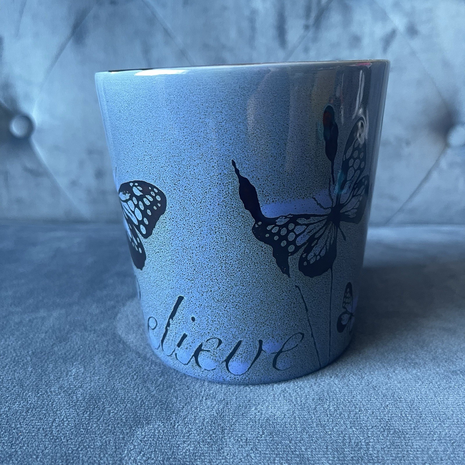 Pfaltzgraff Coffee Mug BELIEVE Tea Cup Blue Butterfly Large 16 Oz 4.25 X 4”