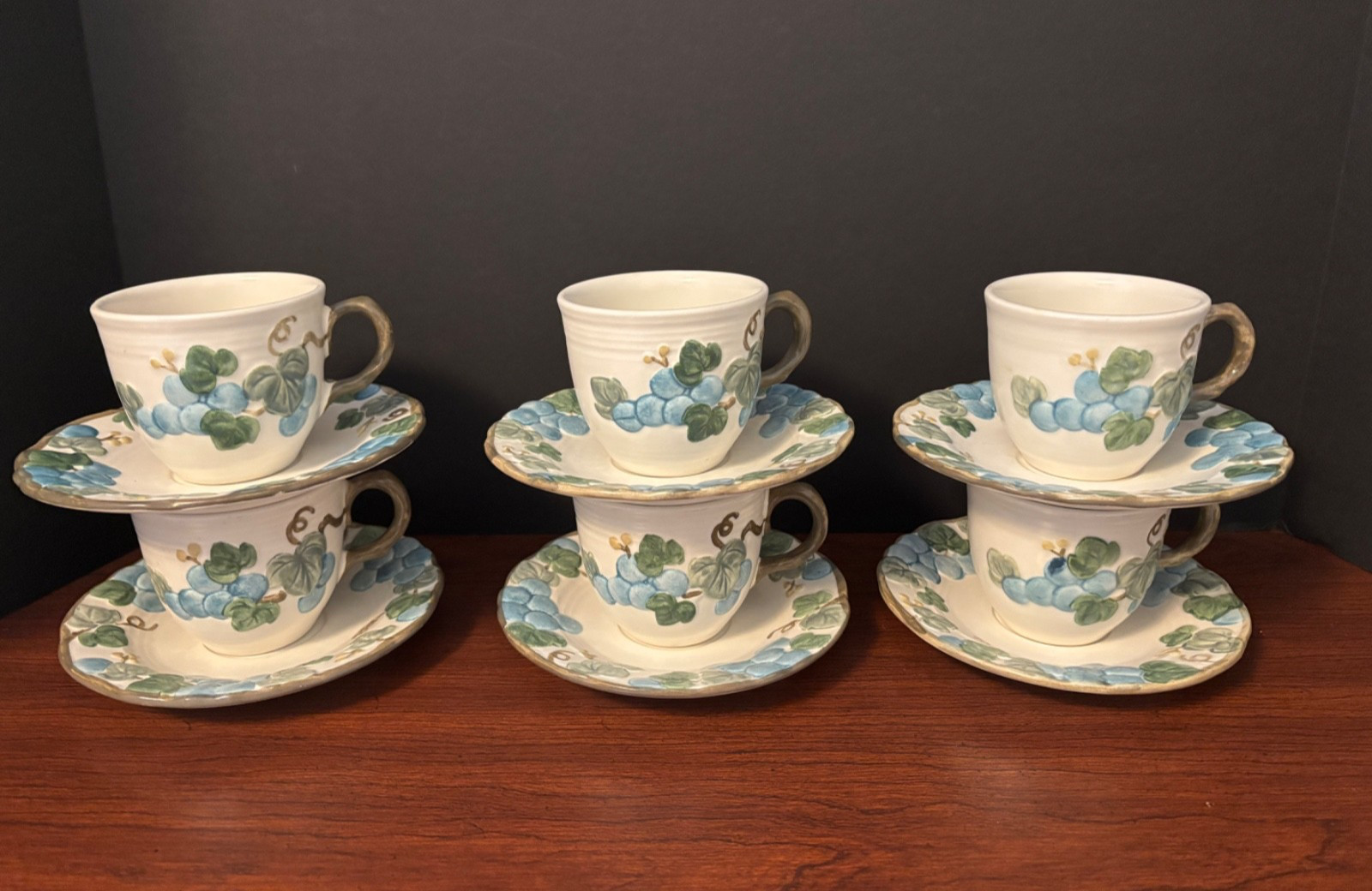 Set of 6 Vintage Metlox Poppytrail Vernon SCULPTED GRAPE Cups & Saucers