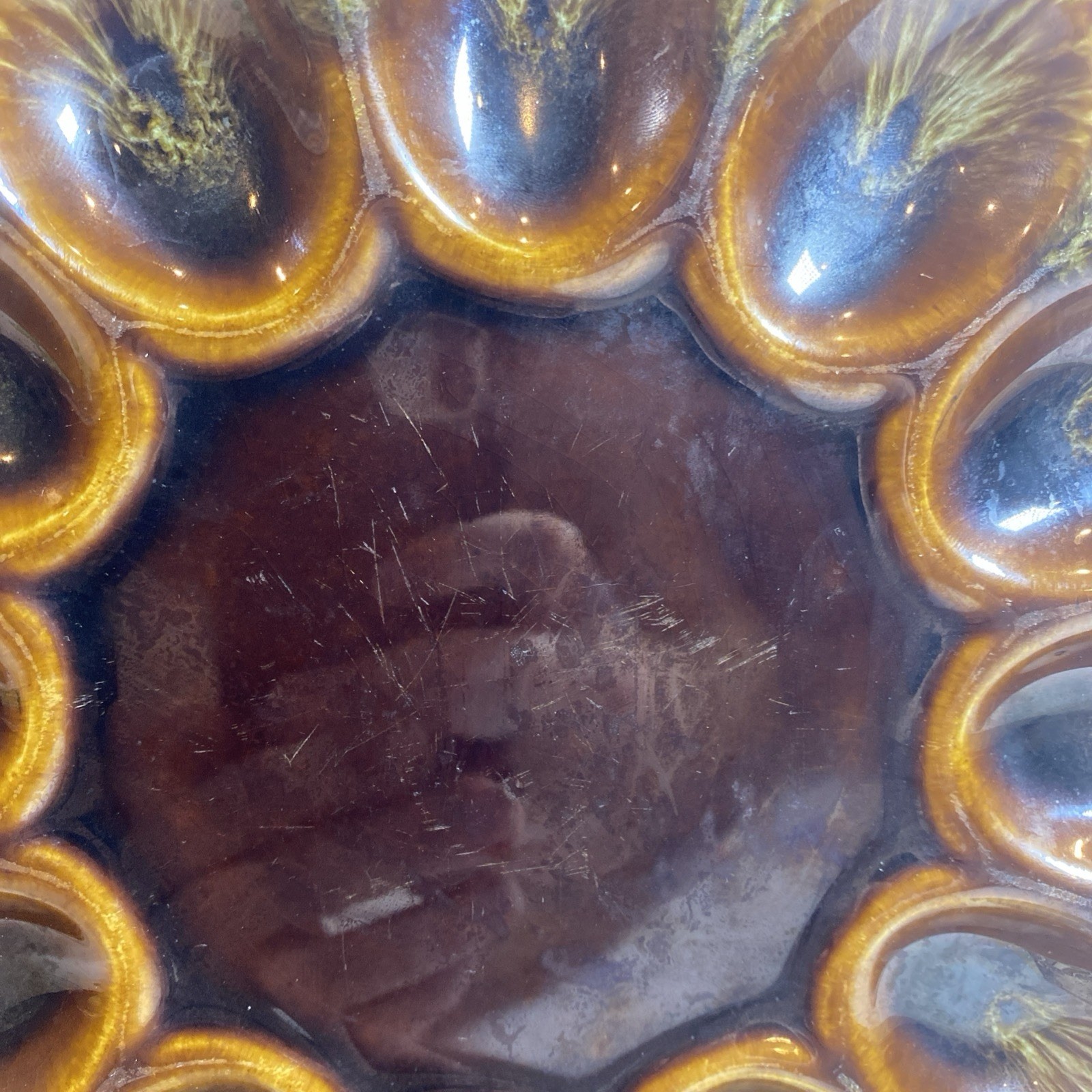 Vintage Canonsburg? Peacock Brown Drip Glaze Deviled Egg Platter 9” 12 Egg USA