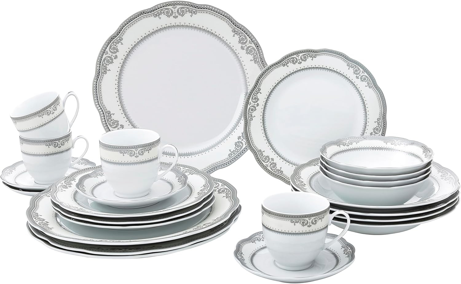 Elegant 24-Piece Victoria Wavy Edge Porcelain Dinnerware Set in White