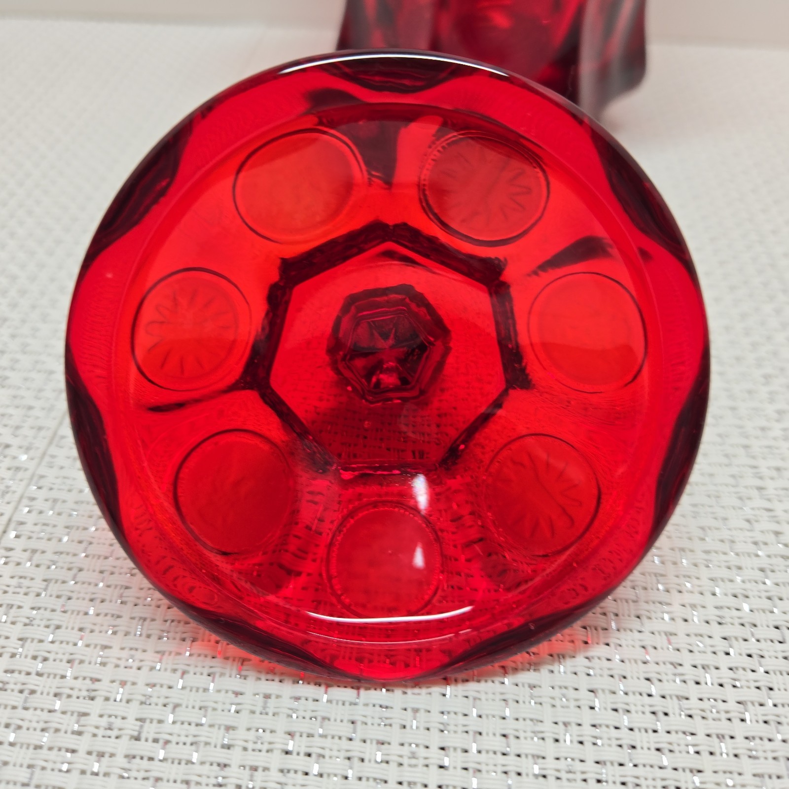 Vintage FOSTORIA Bicentennial Ruby Red Coin Glass Lidded Candy Dish 6.5 in EUC