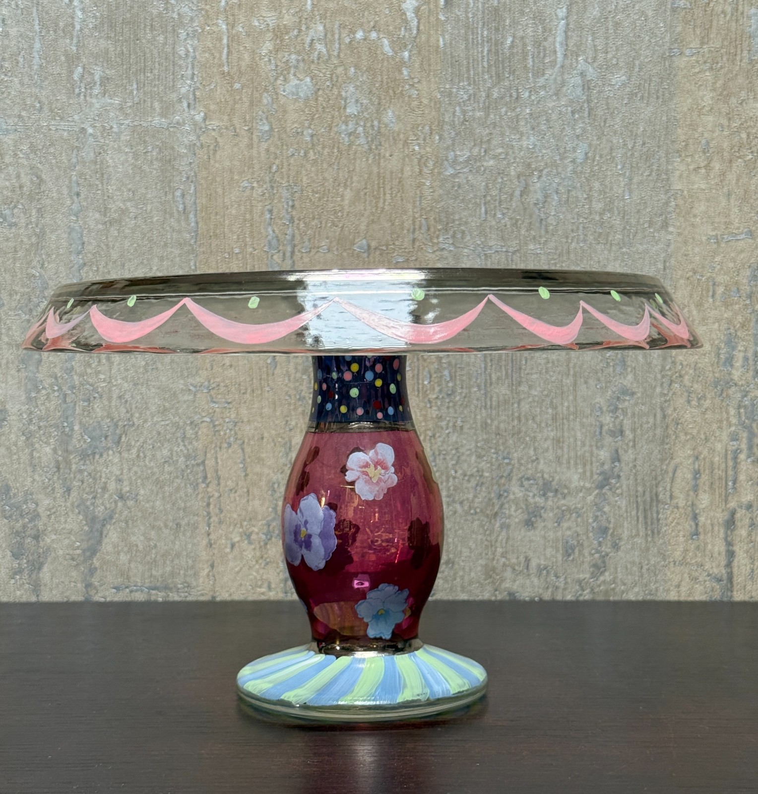 MacKenzie-Childs Glass Cake Stand Pedestal Plate Floral Courtly Check 9.5″