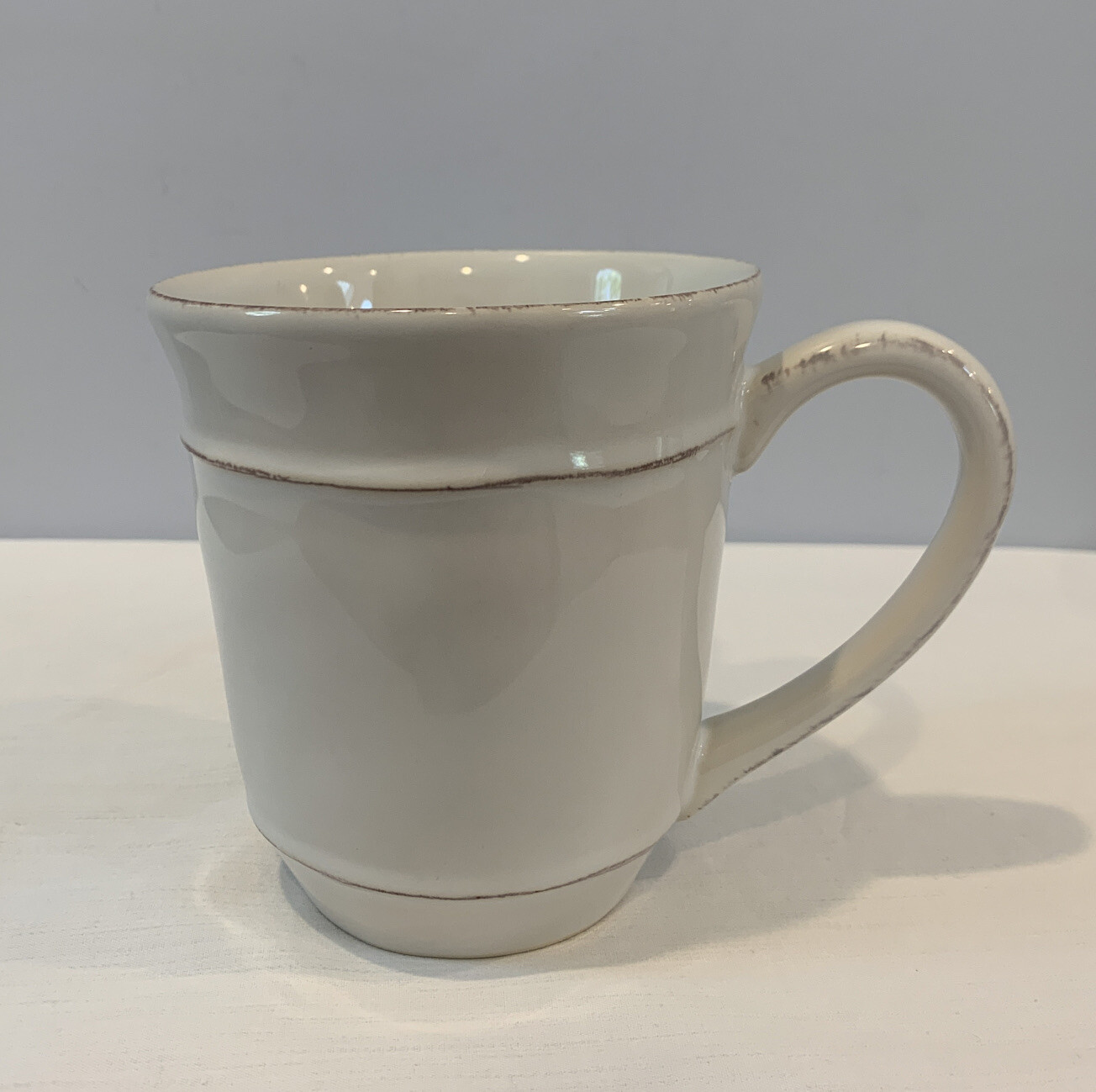Pottery Barn Cambria Stone White Coffee Mug 4.25″ Tall Made In Portugal MINT!