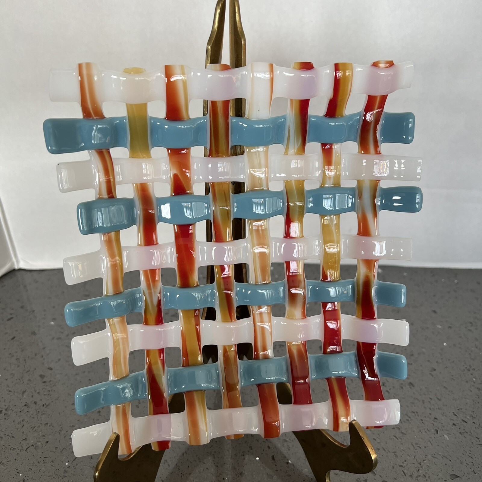 Weaved Fused Glass Plate Blue Rust Gold White 7.5″ by 6.5″ W361