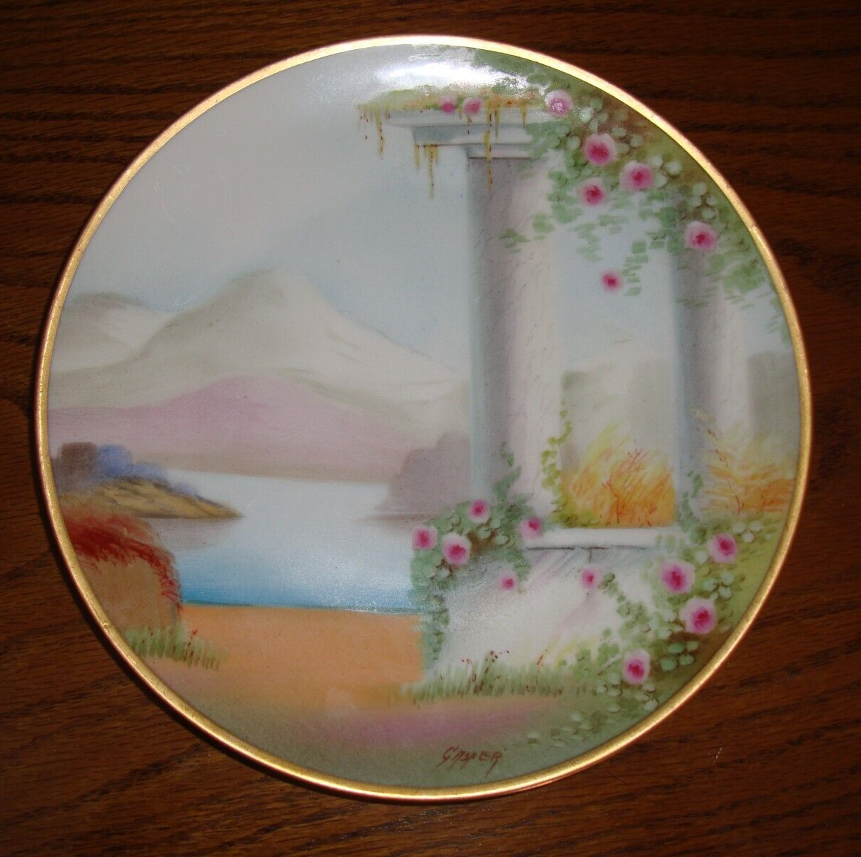 PICKARD HAND PAINTED VELLUM SIGNED “GASPER” PLATE, ITALIAN GARDEN, ROSES, 8 1/2″