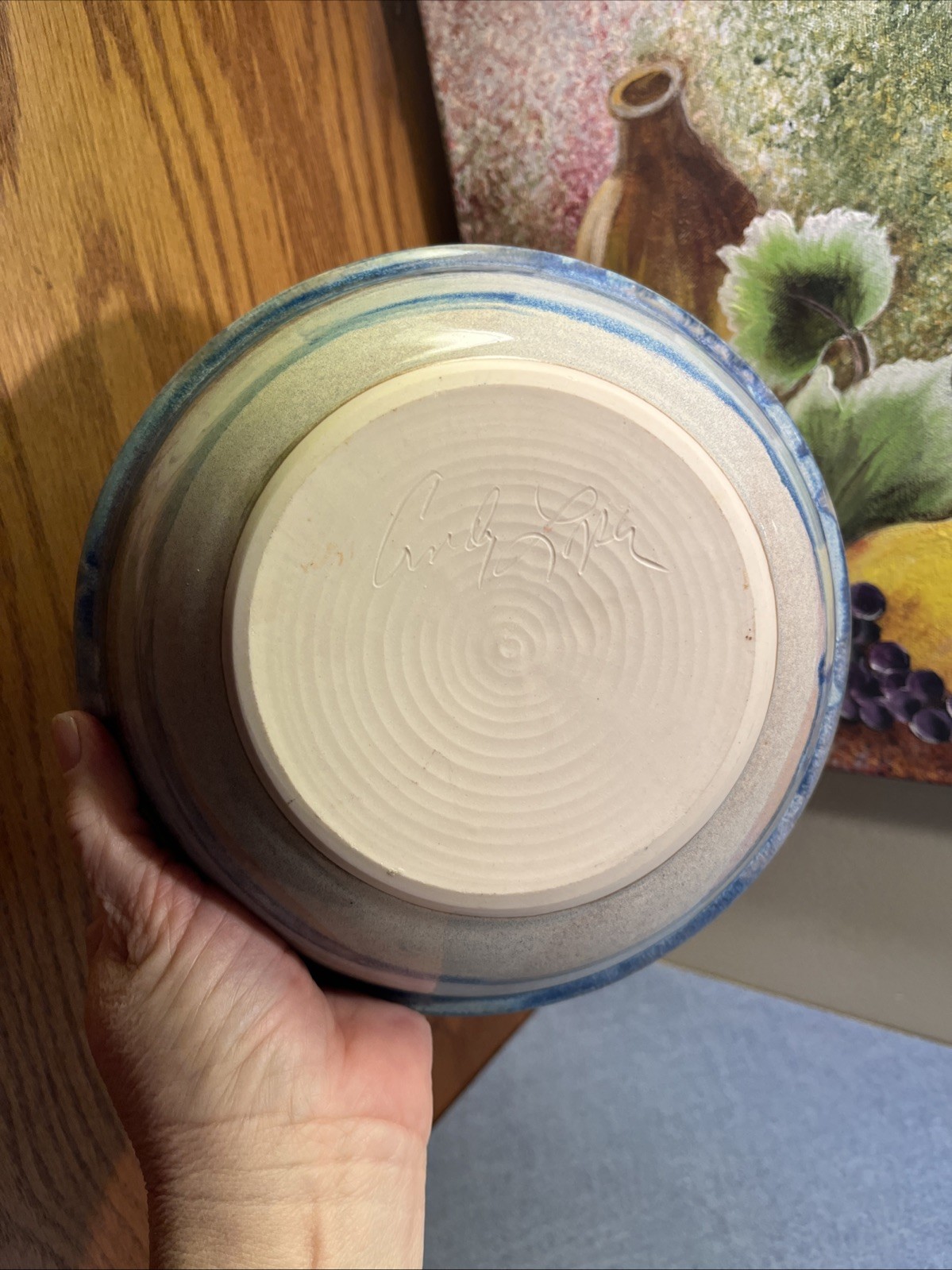 Studio Art Pottery Rimmed Bowl Blue Tan, Gray Drip Glaze Signed C(?) Lopez 8″D